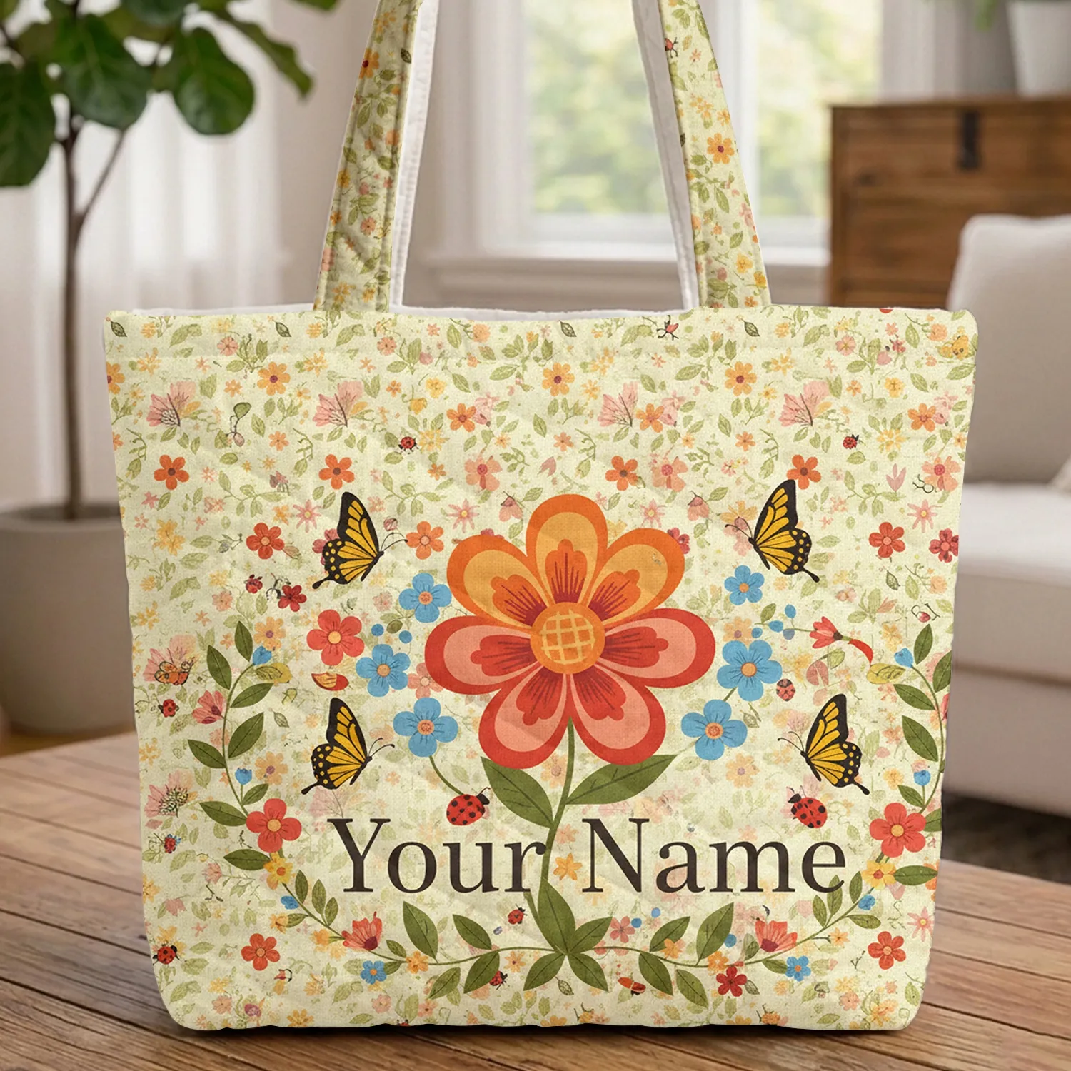Folk Art Floral Bloom Butterflies Ladybug - Spring Nature Gift Quilted Tote Bag - 1
