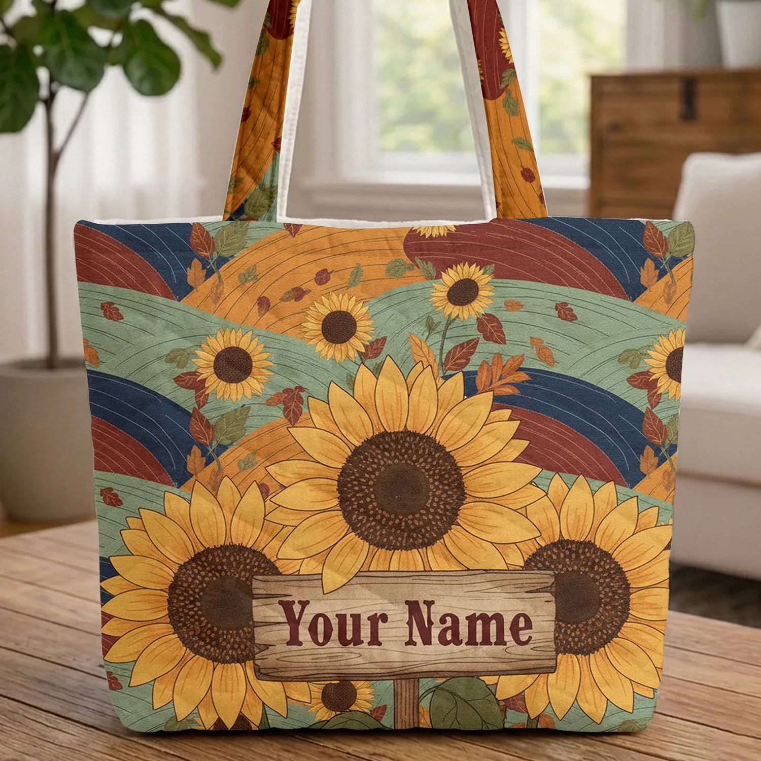 Autumn Sunflowers Rolling Fields Rustic Sign - Personalized Name Gift Quilted Tote Bag - 1