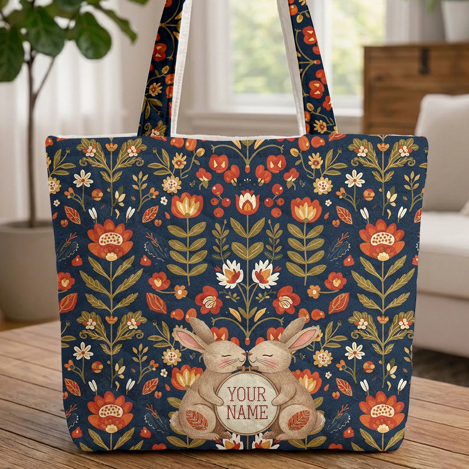 Bunnies Wildflowers Folk Art Botanicals - 'Your Name' Storybook Keepsake Gift Quilted Tote Bag - 1
