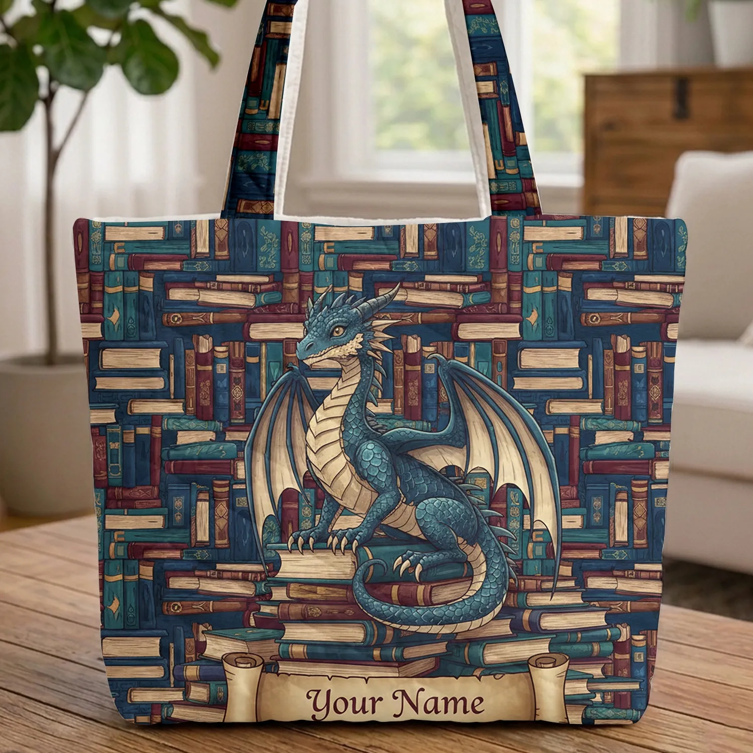 Blue Dragon Stacked Books - Fantasy Enthusiast Book Lover Gift Quilted Tote Bag - 1
