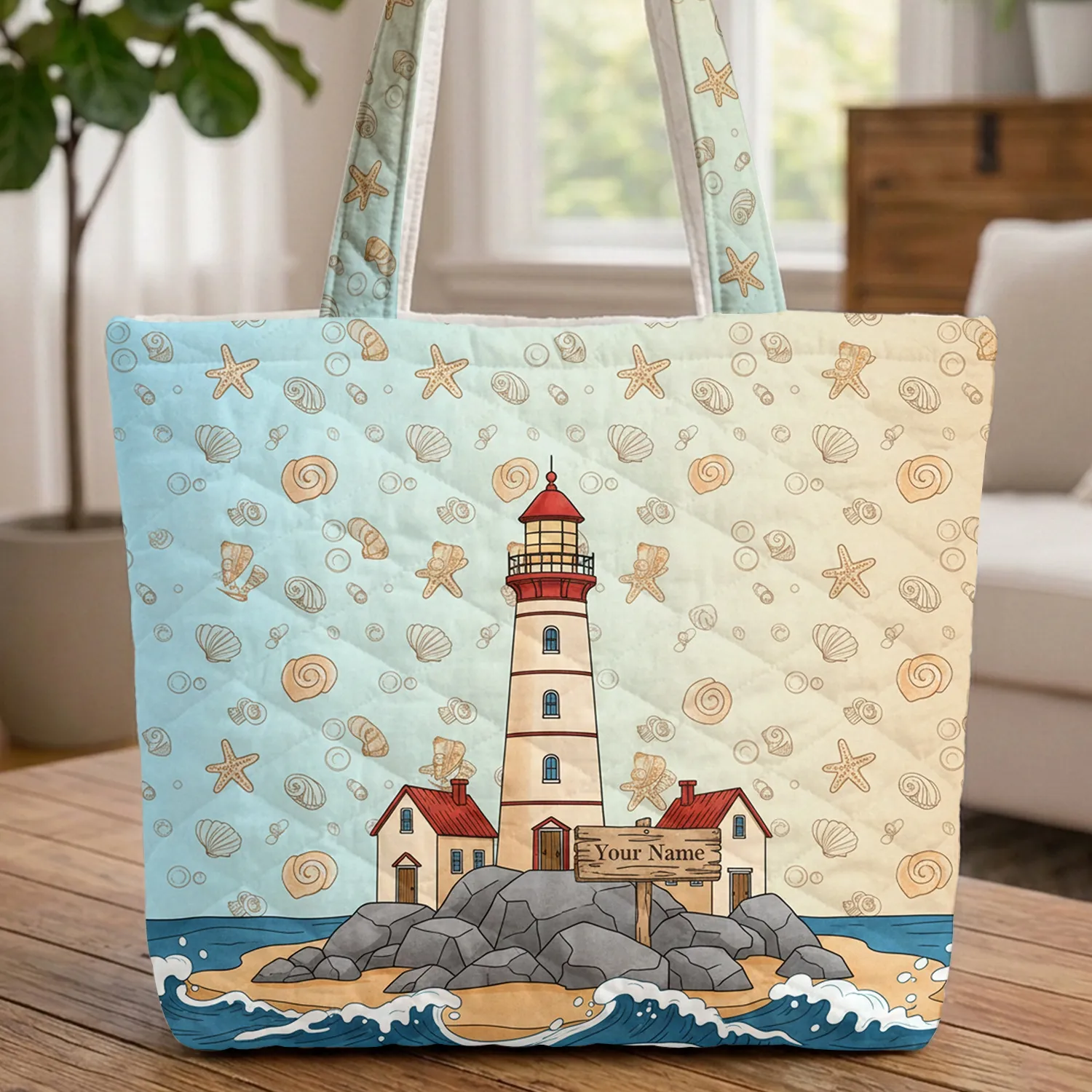 Lighthouse Ocean Waves Seashells Starfish - Coastal Lover Gift Quilted Tote Bag - 1