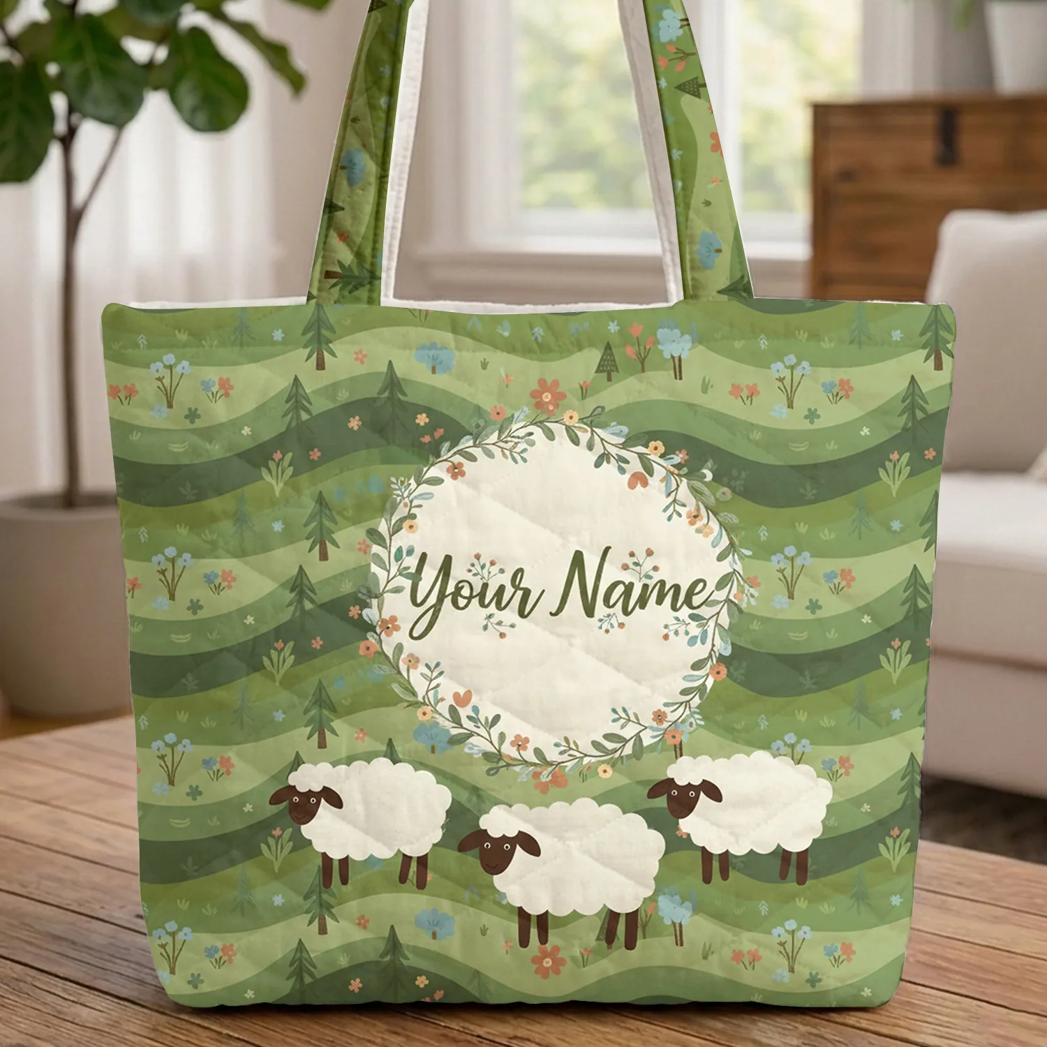 Personalized Your Name Grazing Sheep Rolling Hills Wildflower - Farmhouse Home Decor Gift Quilted Tote Bag - 1