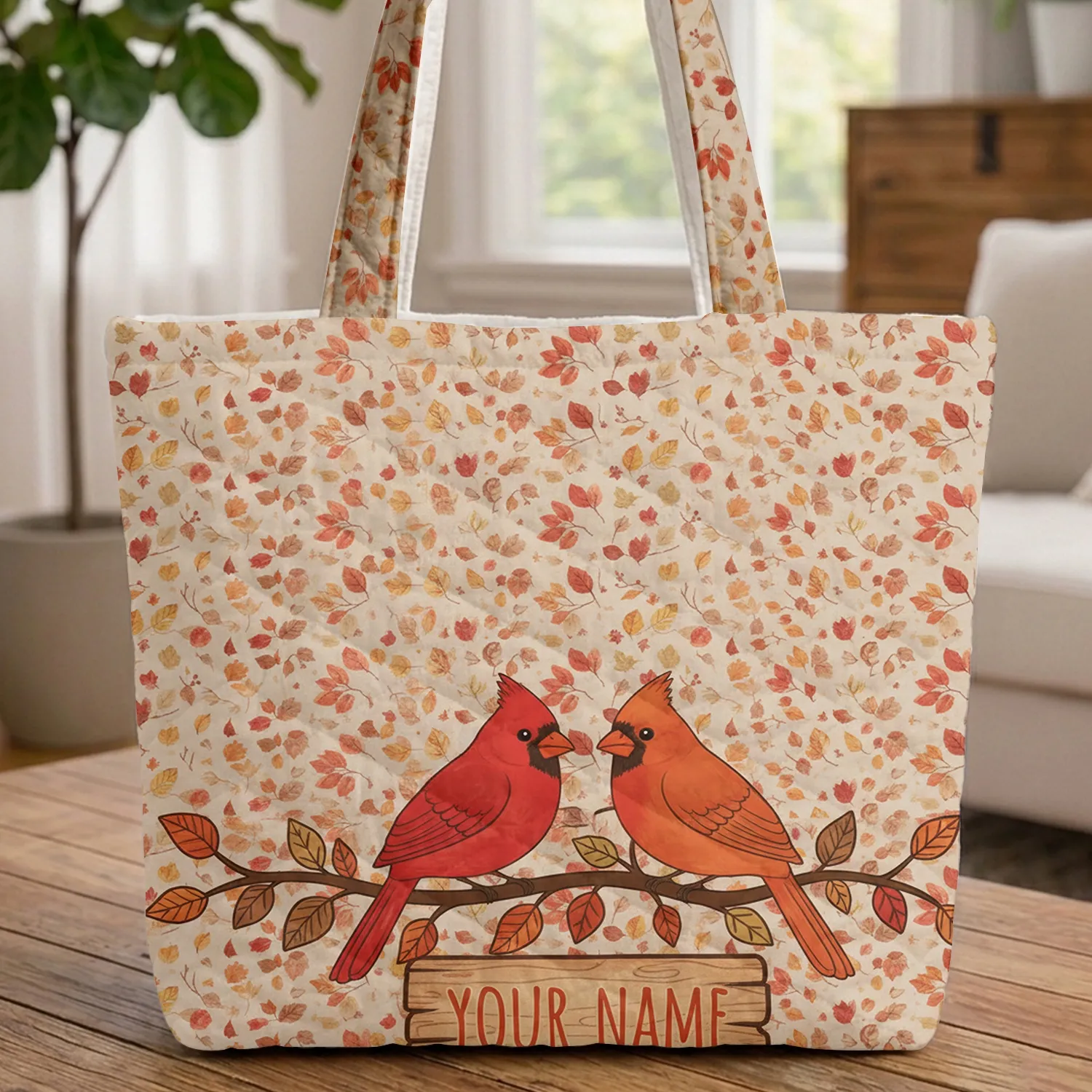 Autumn Cardinals Personalized Wooden Sign - Wildlife Lover Gift Quilted Tote Bag - 1
