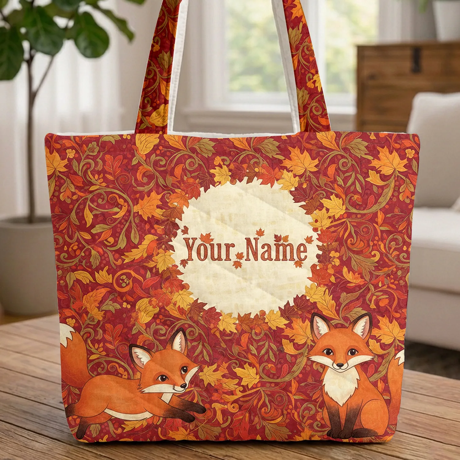 Fox Kits Autumn Leaves Floral Wreath - Wildlife Lover Gift Quilted Tote Bag - 1