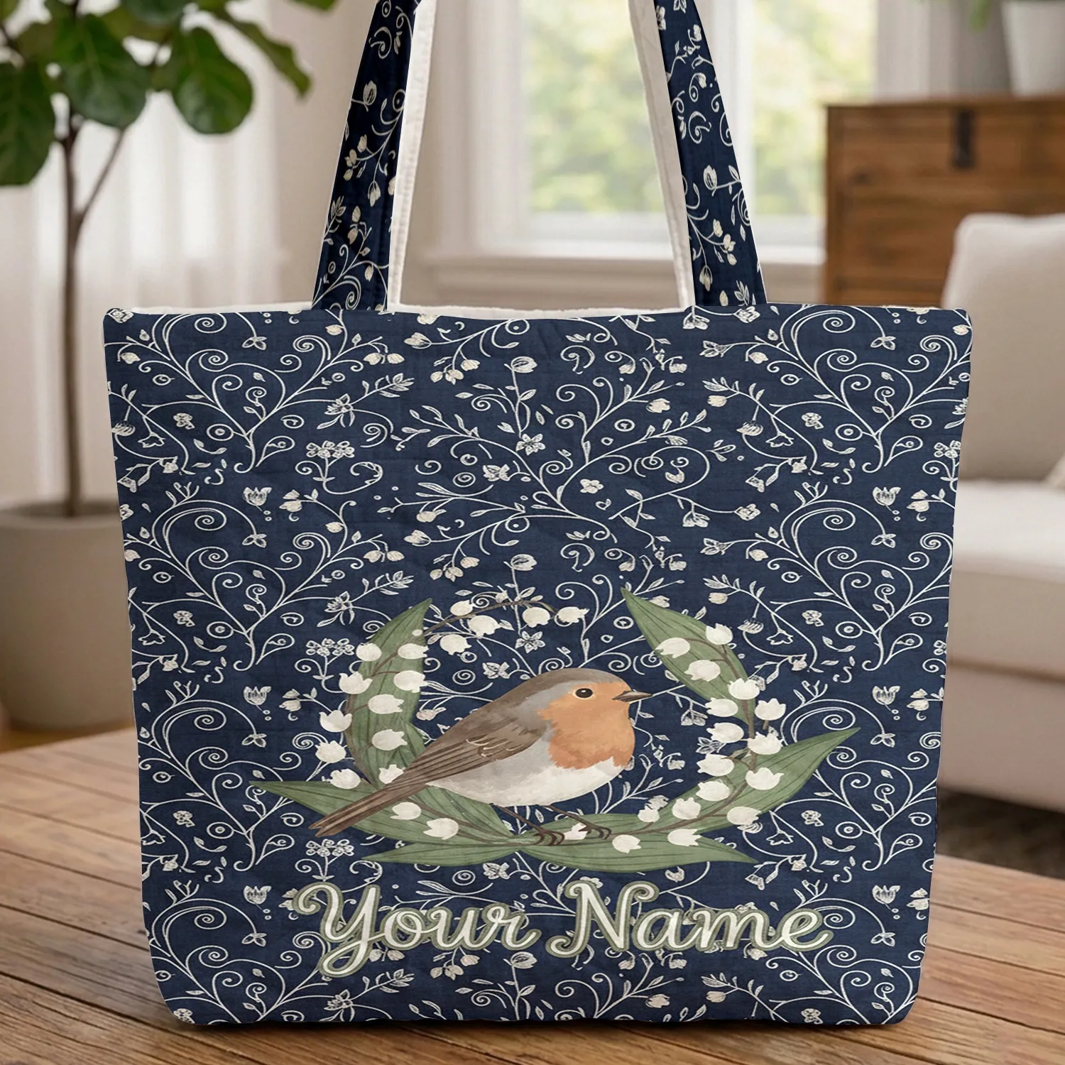 Robin Bird White Lily of the Valley Bell Flowers Swirling Vines - Nature Lover Gift Quilted Tote Bag - 1