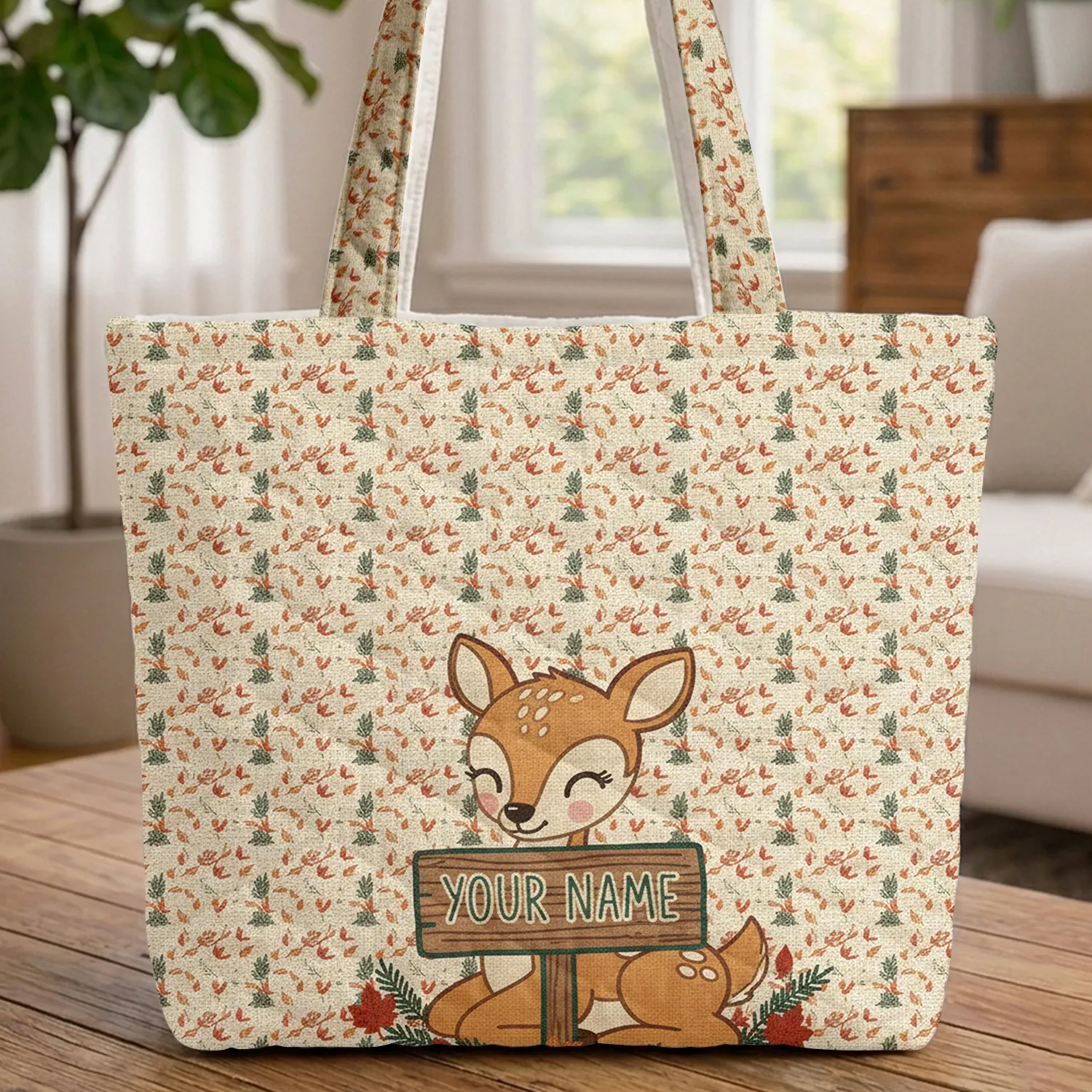 Fawn Deer Personalized Name Wooden Sign Autumn Wildlife Lover Gift Quilted Tote Bag - 1