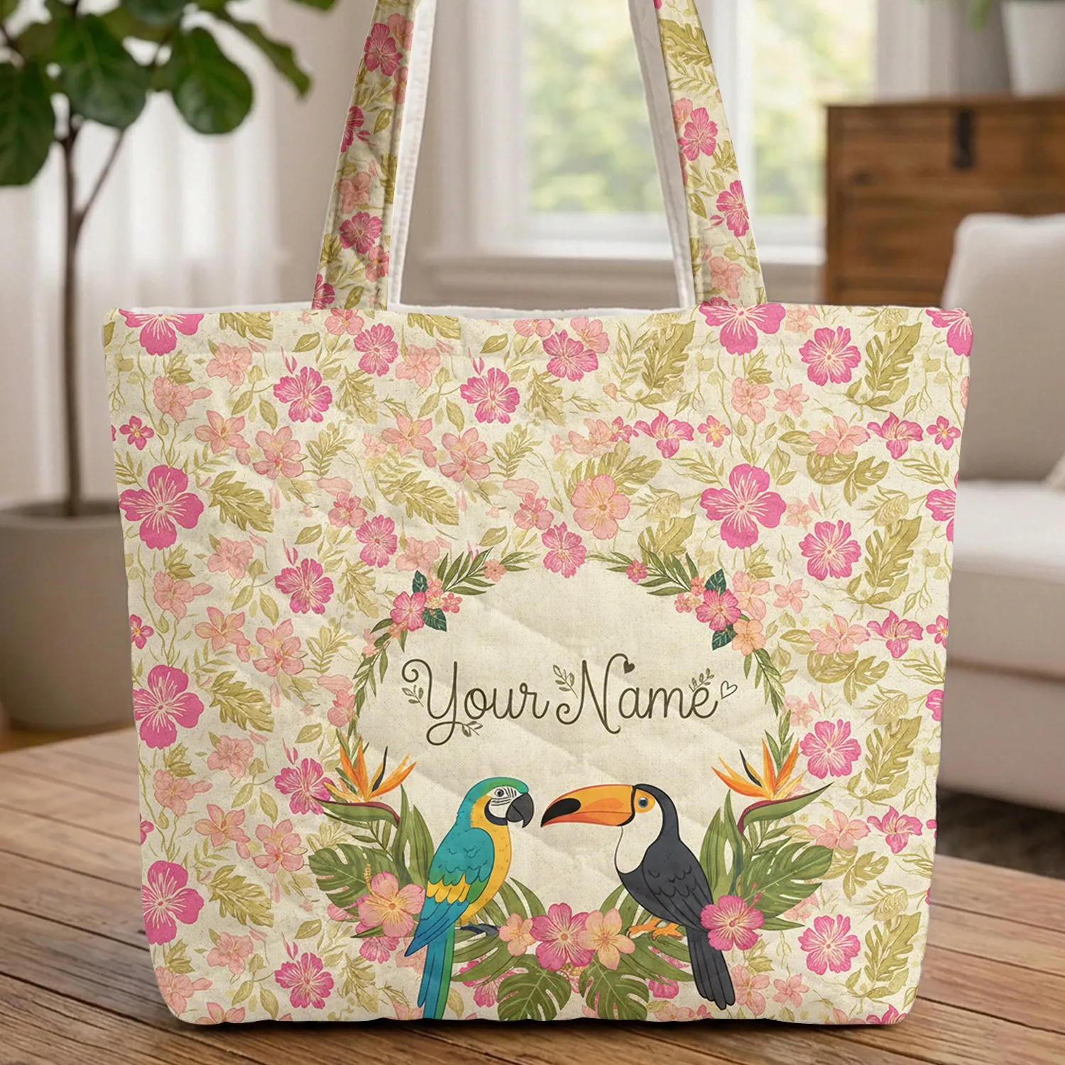 Personalized Parrot Toucan Birds Tropical Flowers - Wildlife Lover Gift Quilted Tote Bag - 1