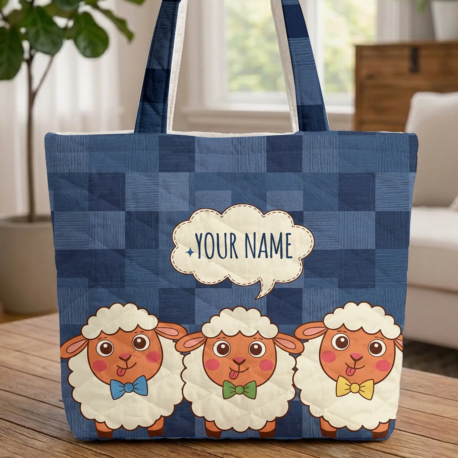 Cartoon Sheep Bow Tie Cloud Speech Bubble Denim Patchwork - Sheep Lover Gift Quilted Tote Bag - 1