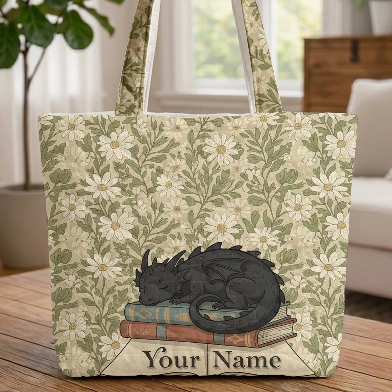 Sleeping Black Dragon Antique Books Daisy Botanical - Personalized Book Lover Gift Quilted Tote Bag - 1