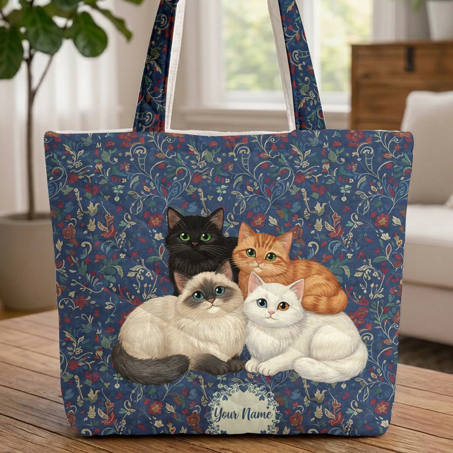 Four Cats Botanical Personalized Name Floral - Pet Lover Everyday Carry Gift Quilted Tote Bag - 1