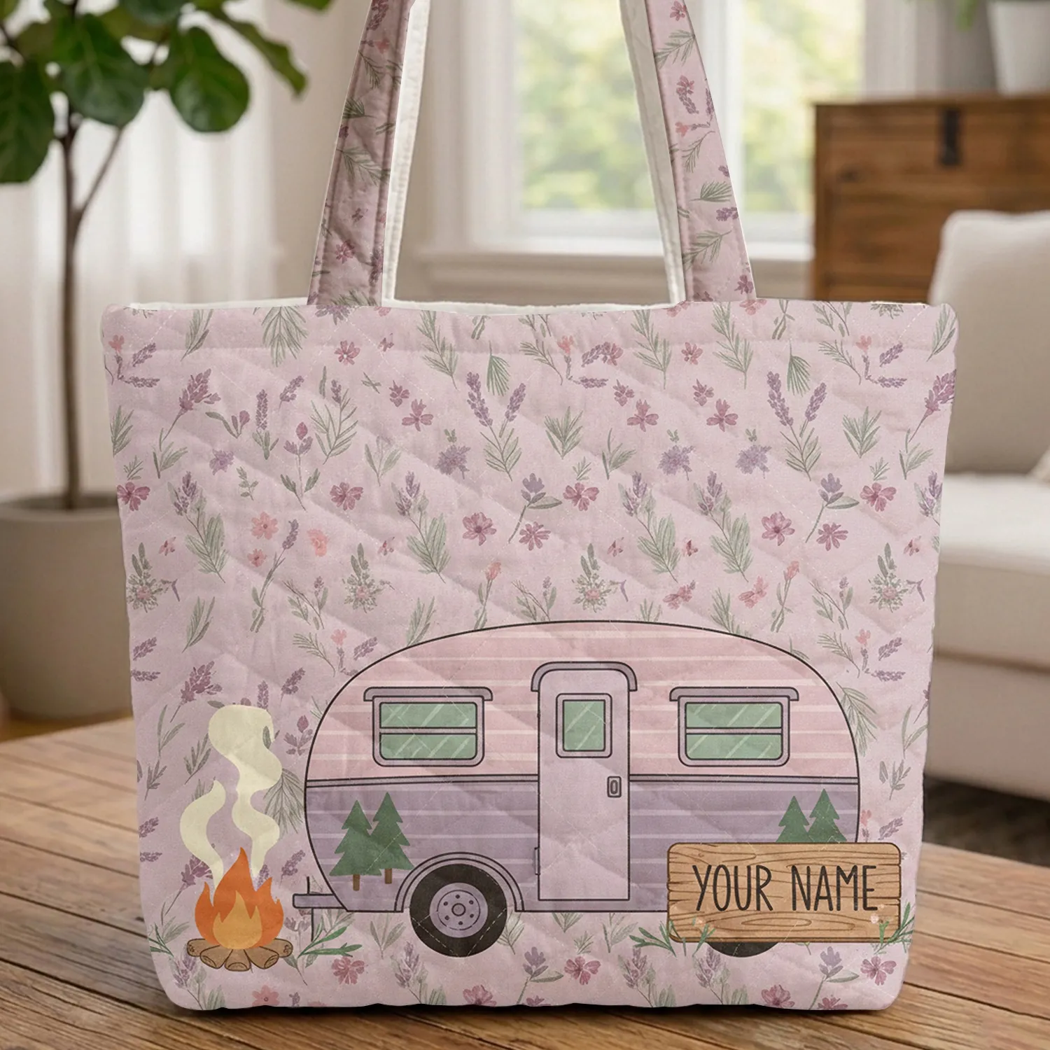 Personalized Vintage Camper Lavender Wildflower Pines - Camping Lifestyle Gift Quilted Tote Bag - 1