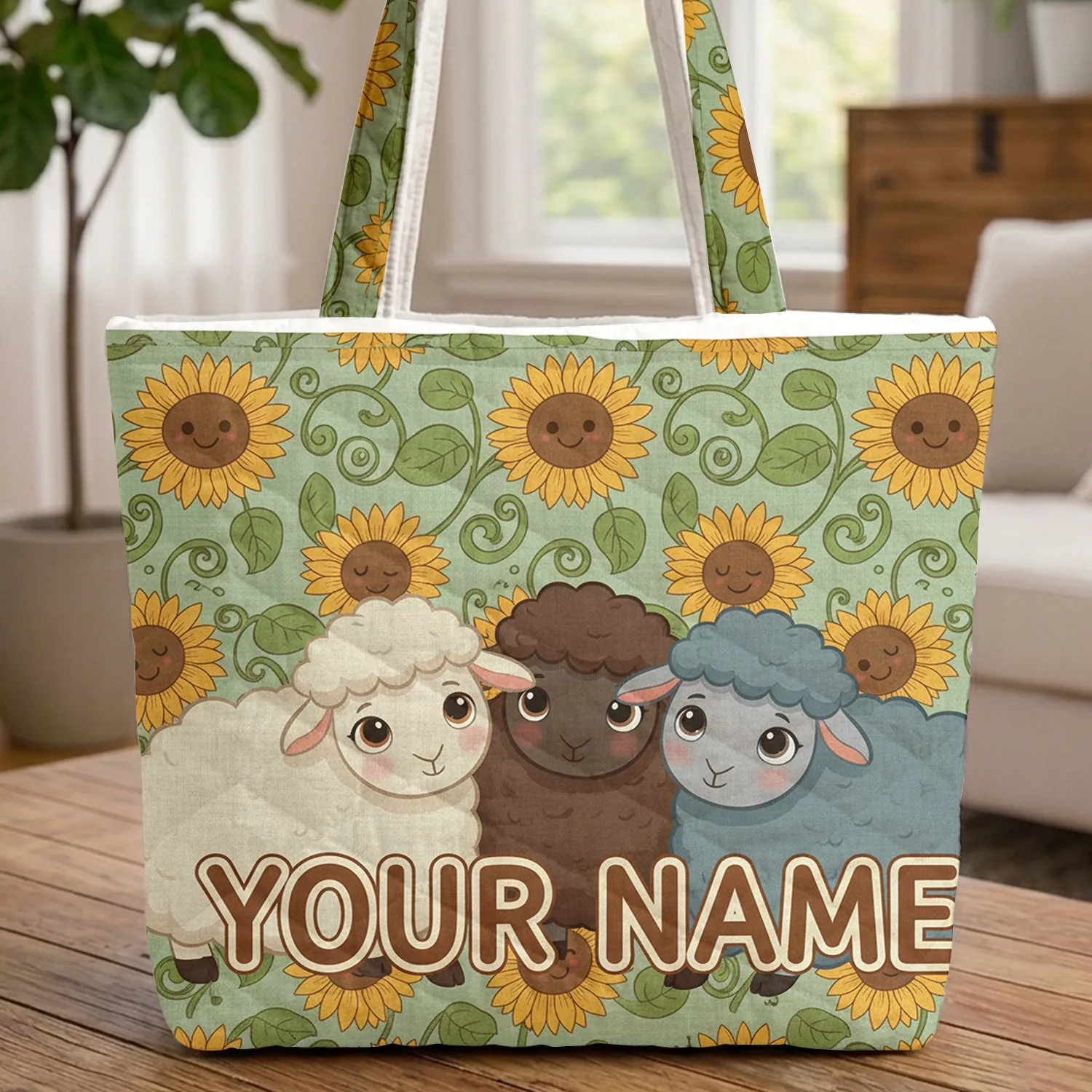 Smiling Sunflowers Three Sheep - Nursery Room Decor Gift for Baby Quilted Tote Bag - 1