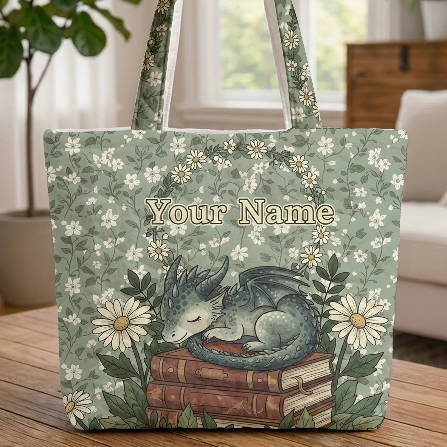 Fantasy Dragon Old Books Daisy Floral Wreath Name - Gift for Book Lover, Fantasy Fan Quilted Tote Bag - 1