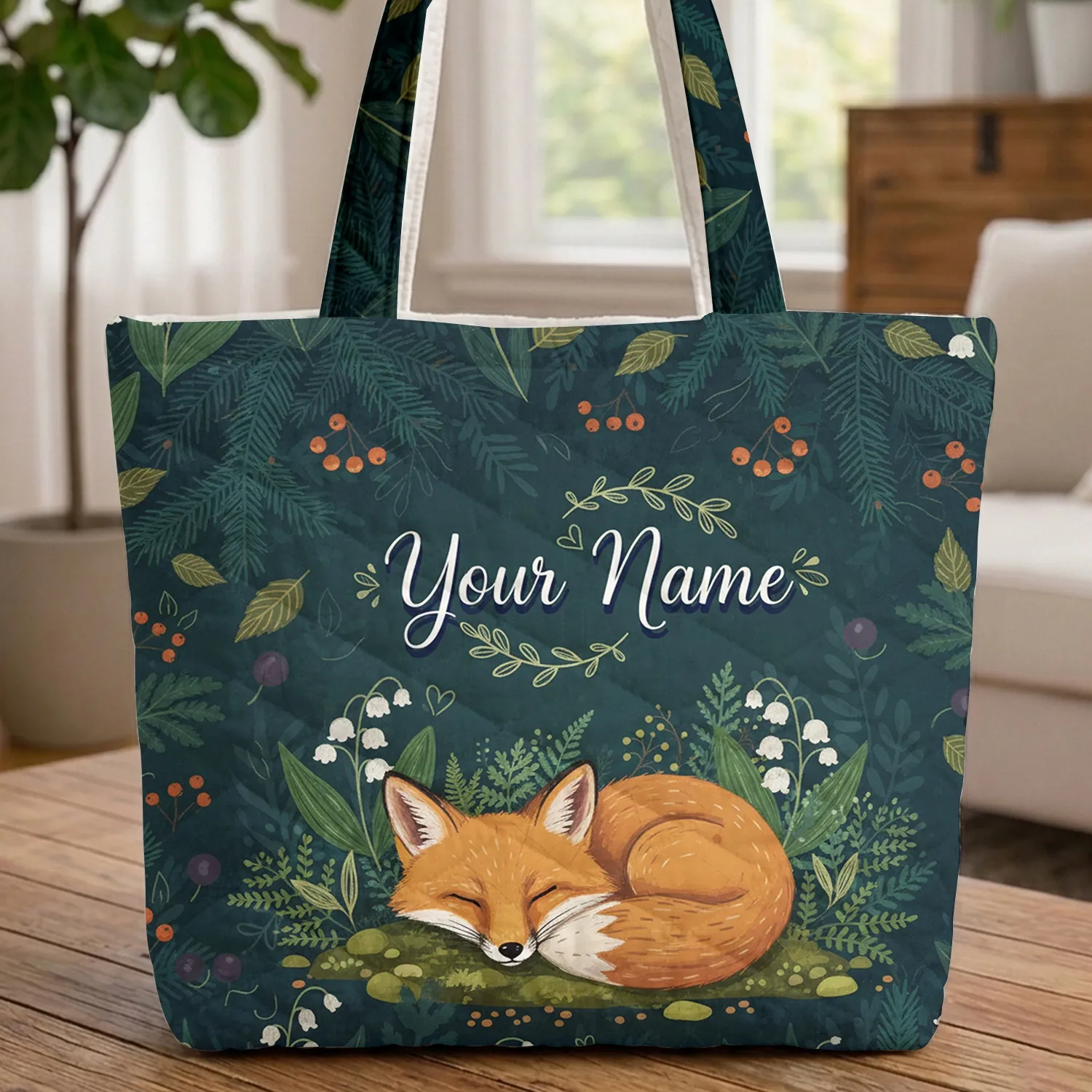 Fox Kit Moonlit Forest Lily Valley Pine - Wildlife Lover Gift Quilted Tote Bag - 1