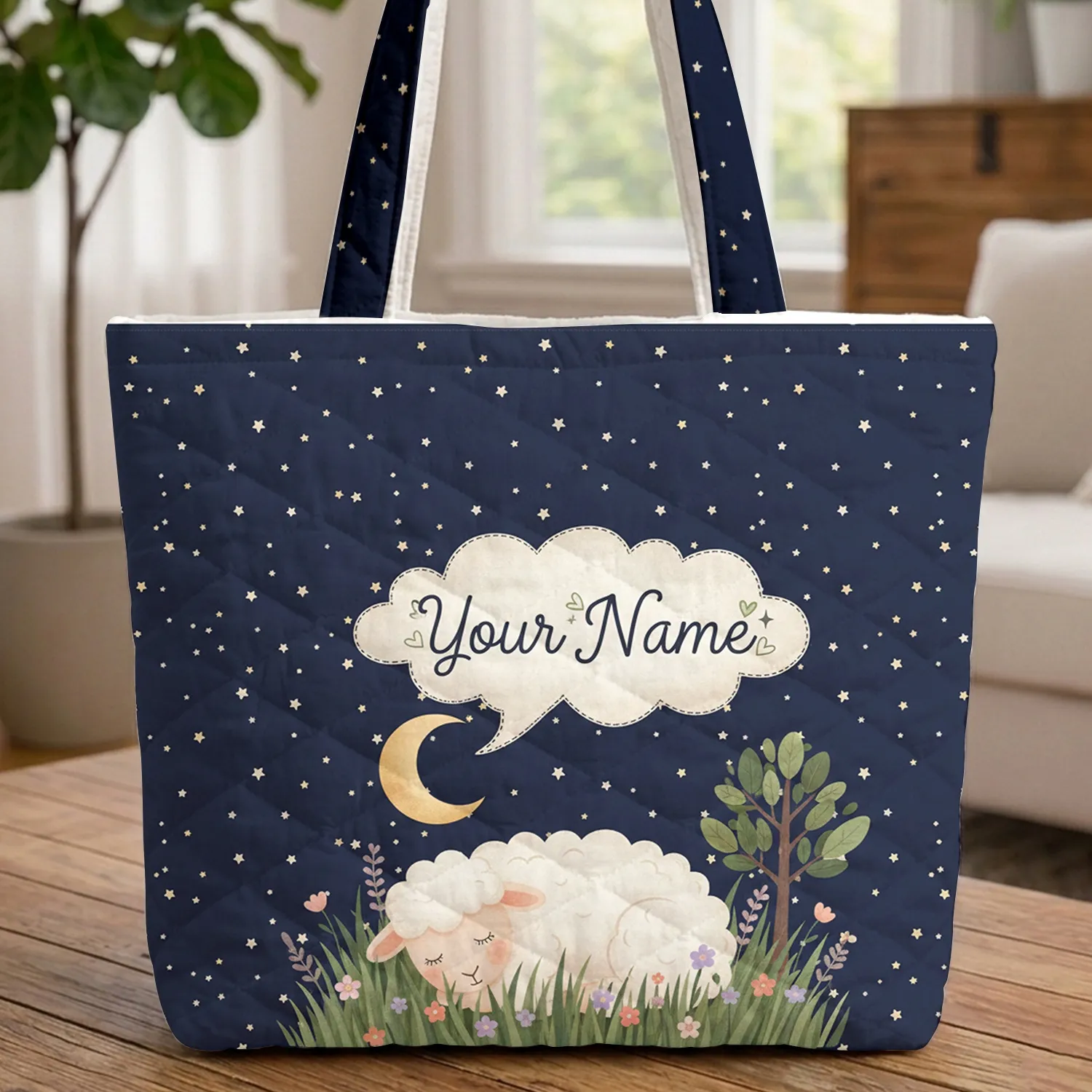 Sleeping Sheep Crescent Moon Cloud Name Bubble Wildflowers Navy Stars - Wildlife Lover Gift Quilted Tote Bag - 1