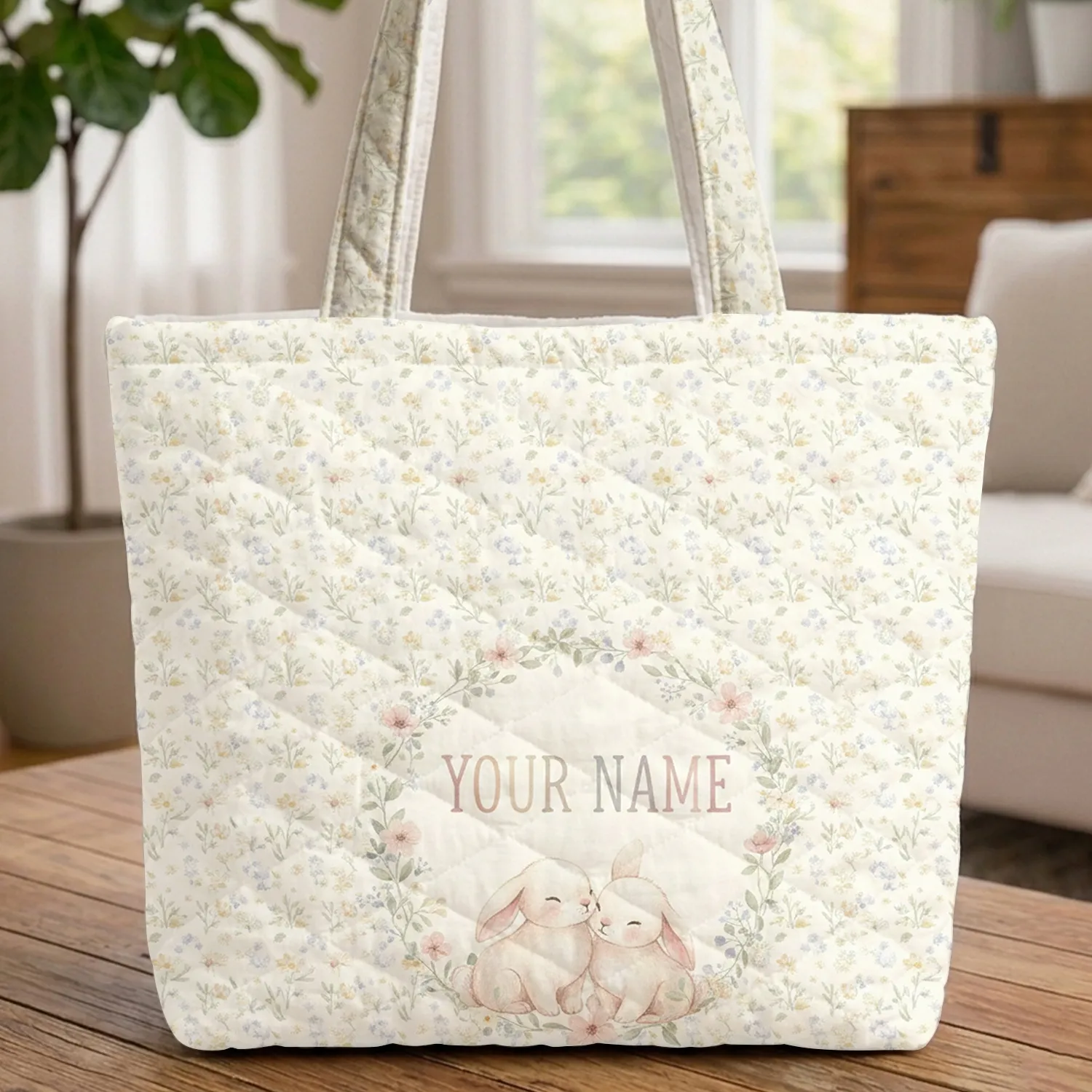 Nuzzling Bunnies Wildflowers Sage Green Leaves Floral Wreath Personalized - Nature Lover Gift Quilted Tote Bag - 1