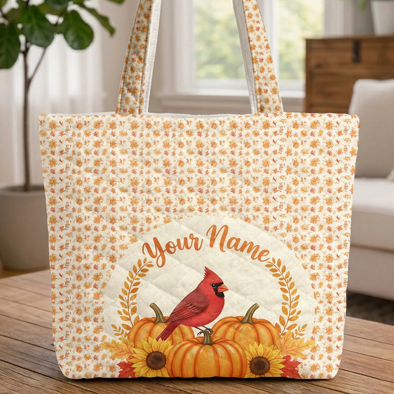 Red Cardinal Autumn Maple Oak Leaves Pumpkins Sunflowers - Autumn Wildlife Gift Quilted Tote Bag - 1