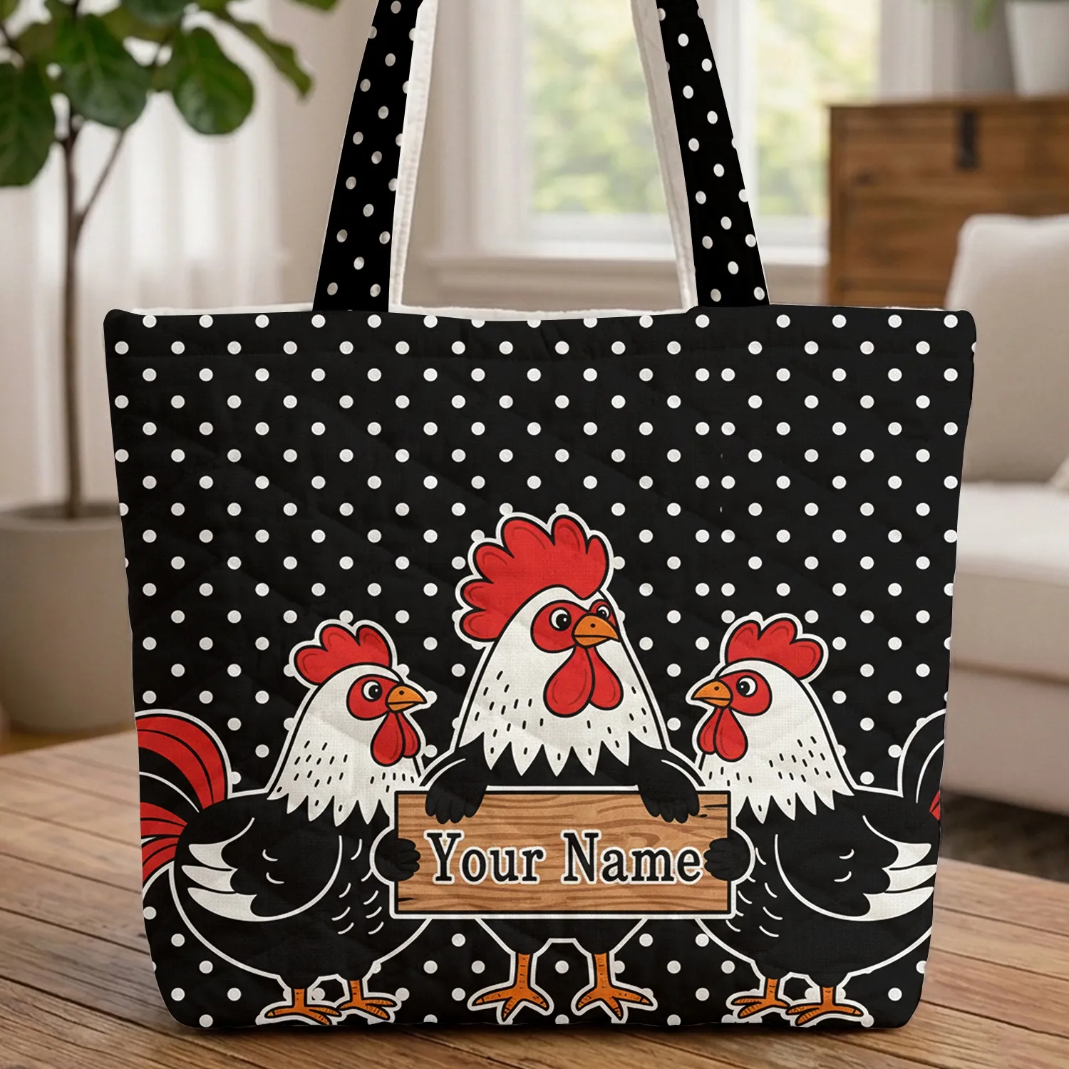 Charming Chicken Polka Dot Farmhouse Home Decor - Animal Lover Gift Quilted Tote Bag - 1
