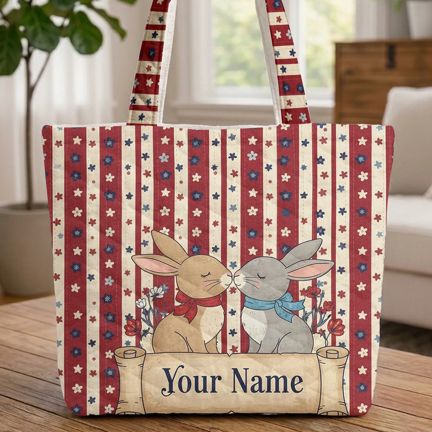 Nuzzling Bunnies Patriotic Wildflowers Stars Bellflowers - Independence Day Gift Quilted Tote Bag - 1