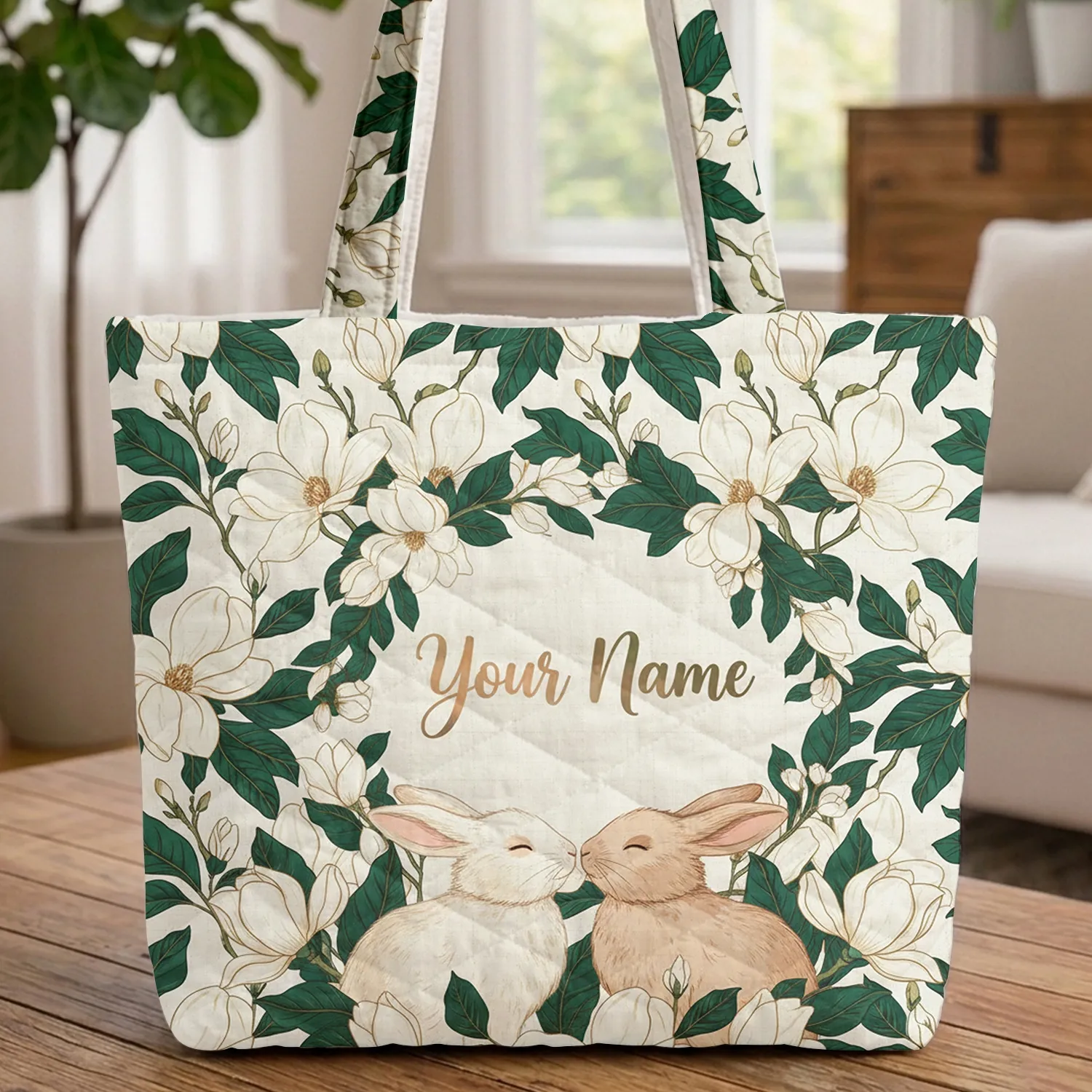 Bunnies Nuzzling Magnolia Blossom Wreath - Personalized Lifestyle Gift Quilted Tote Bag - 1
