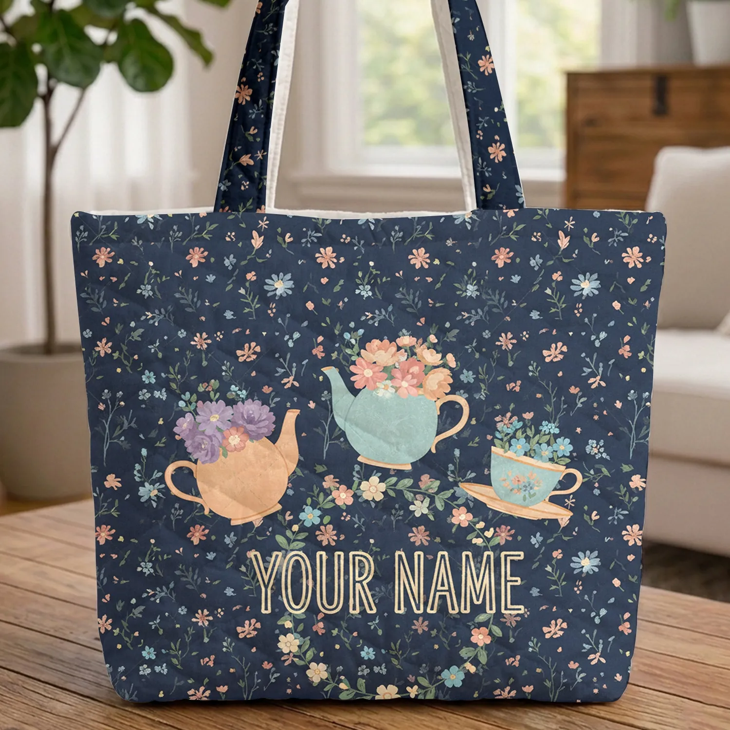 Personalized Vintage Teapot Teacup Floral - Everyday Lifestyle Gift for Her Quilted Tote Bag - 1