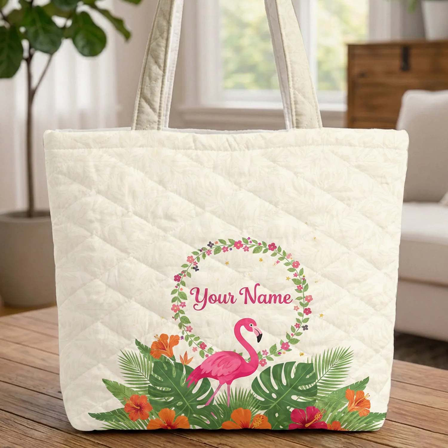 Flamingo Tropical Hibiscus Swirling Leaves Name Wreath - Wildlife Lover Gift Quilted Tote Bag - 1