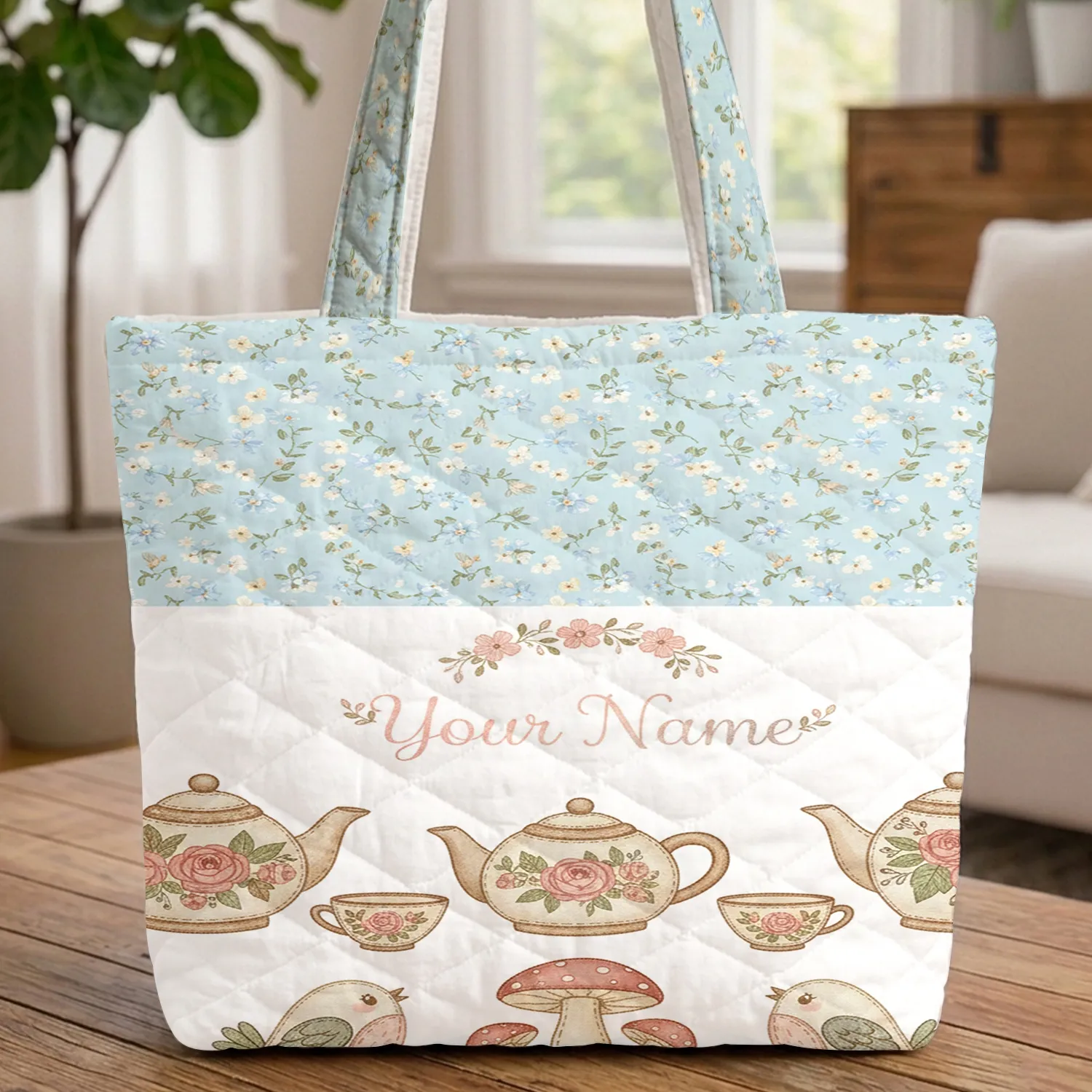 Floral Teapots Forget-Me-Nots - Tea Lover Gift for Mom Quilted Tote Bag - 1