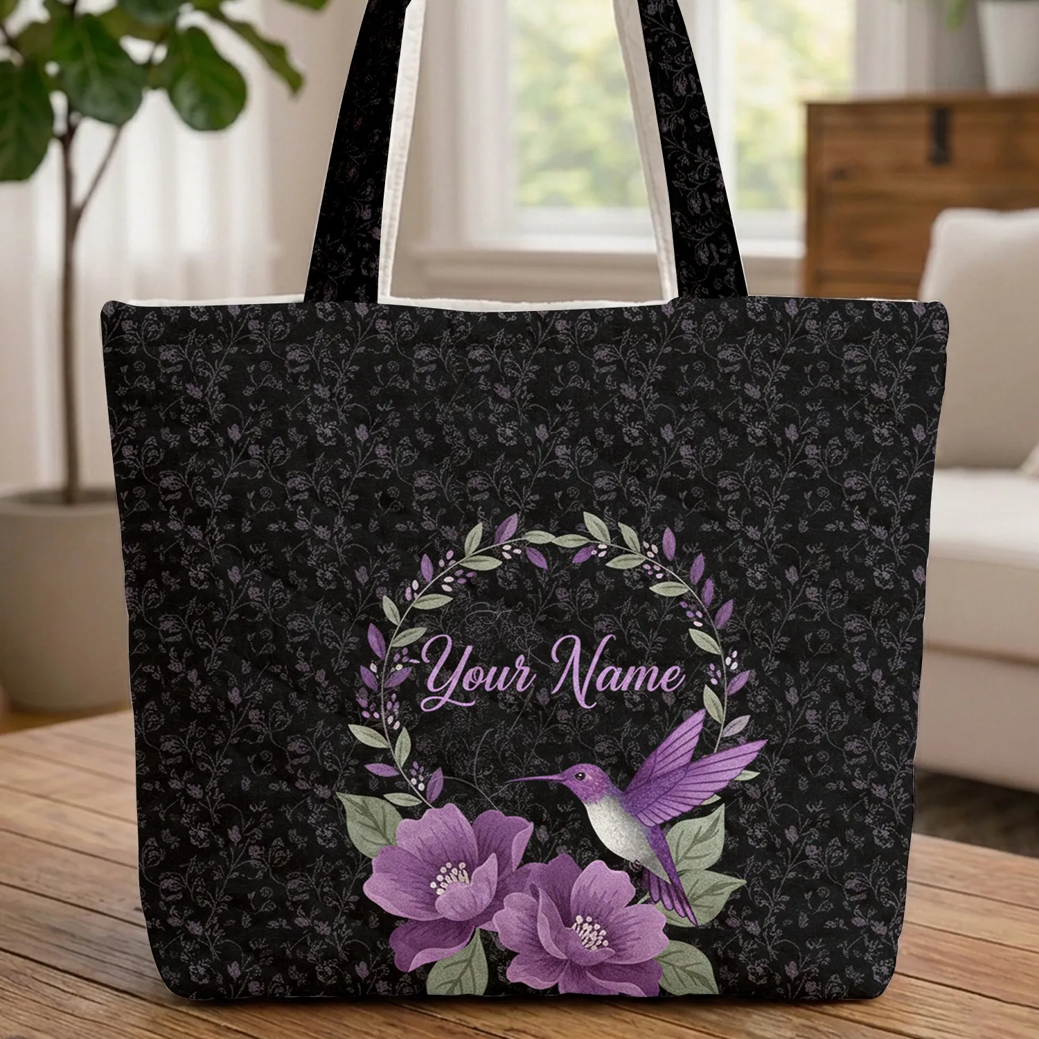 Hummingbird Purple Flowers Sage Leaves Floral Wreath Swirling Vines - Wildlife Lover Gift Quilted Tote Bag - 1