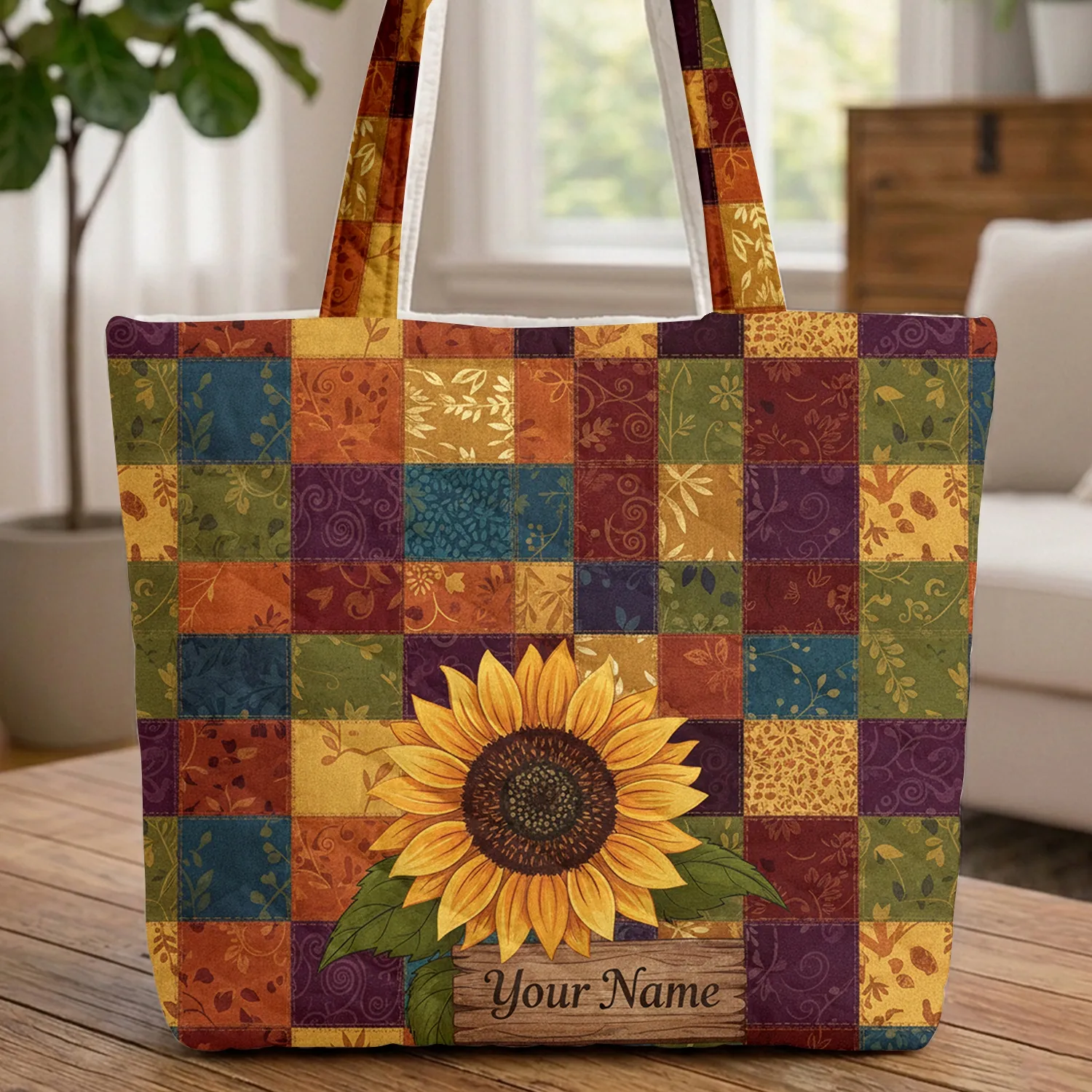 Personalized Sunflower Leaves Rustic Patchwork Weathered Sign - Farmhouse Home Decor Quilted Tote Bag - 1