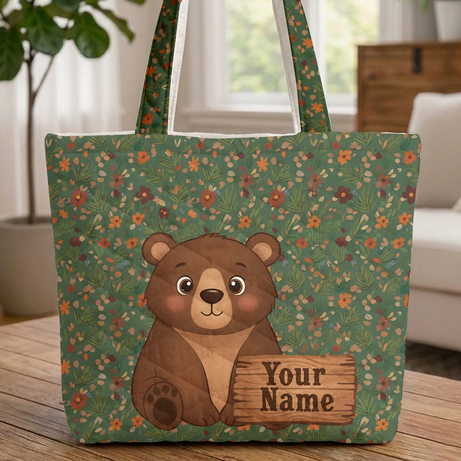 Brown Bear Wildflower Name Sign - Rustic Nature Gift Quilted Tote Bag - 1