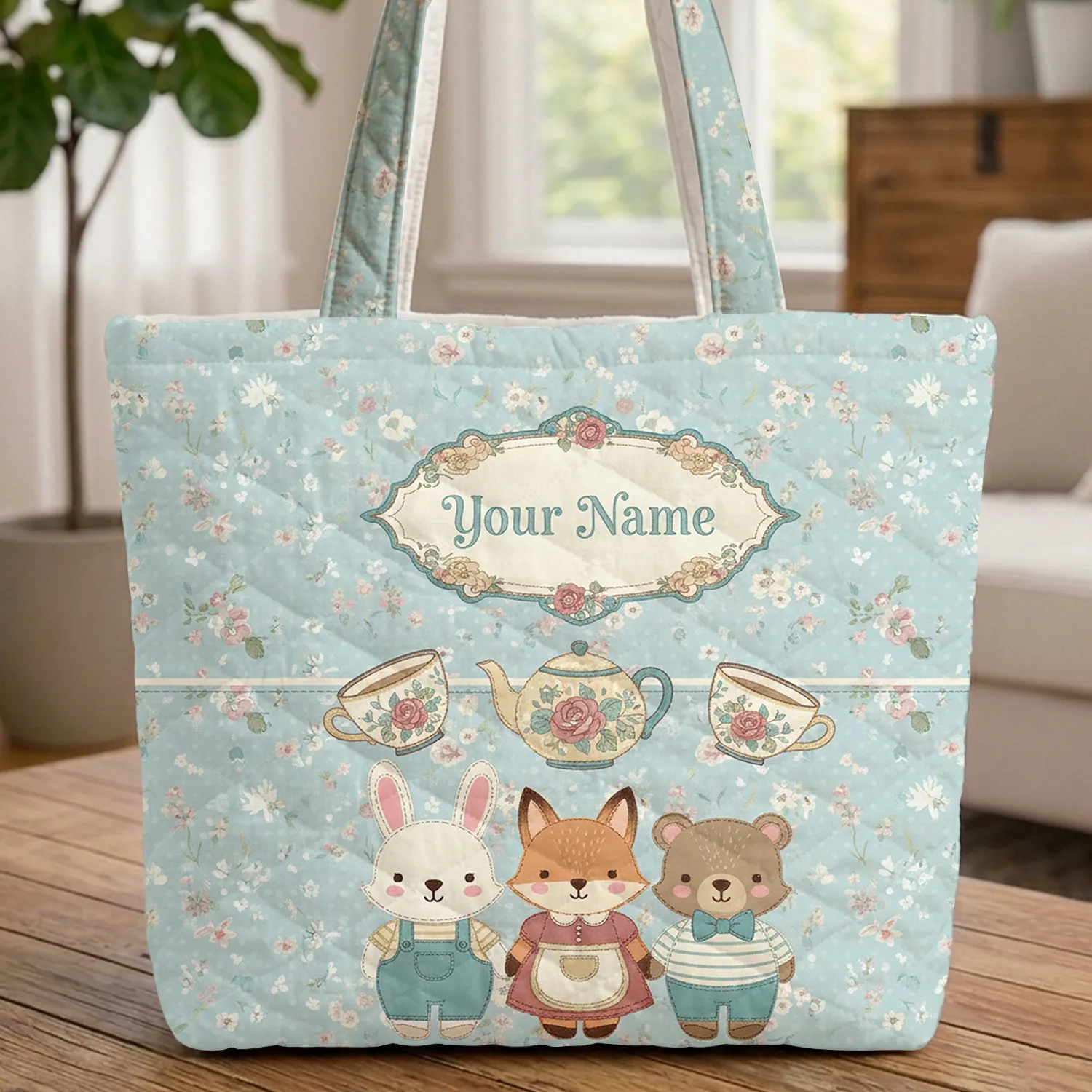 Personalized Vintage Teapots Teacups Floral - Everyday Gift for Tea Lover Quilted Tote Bag - 1