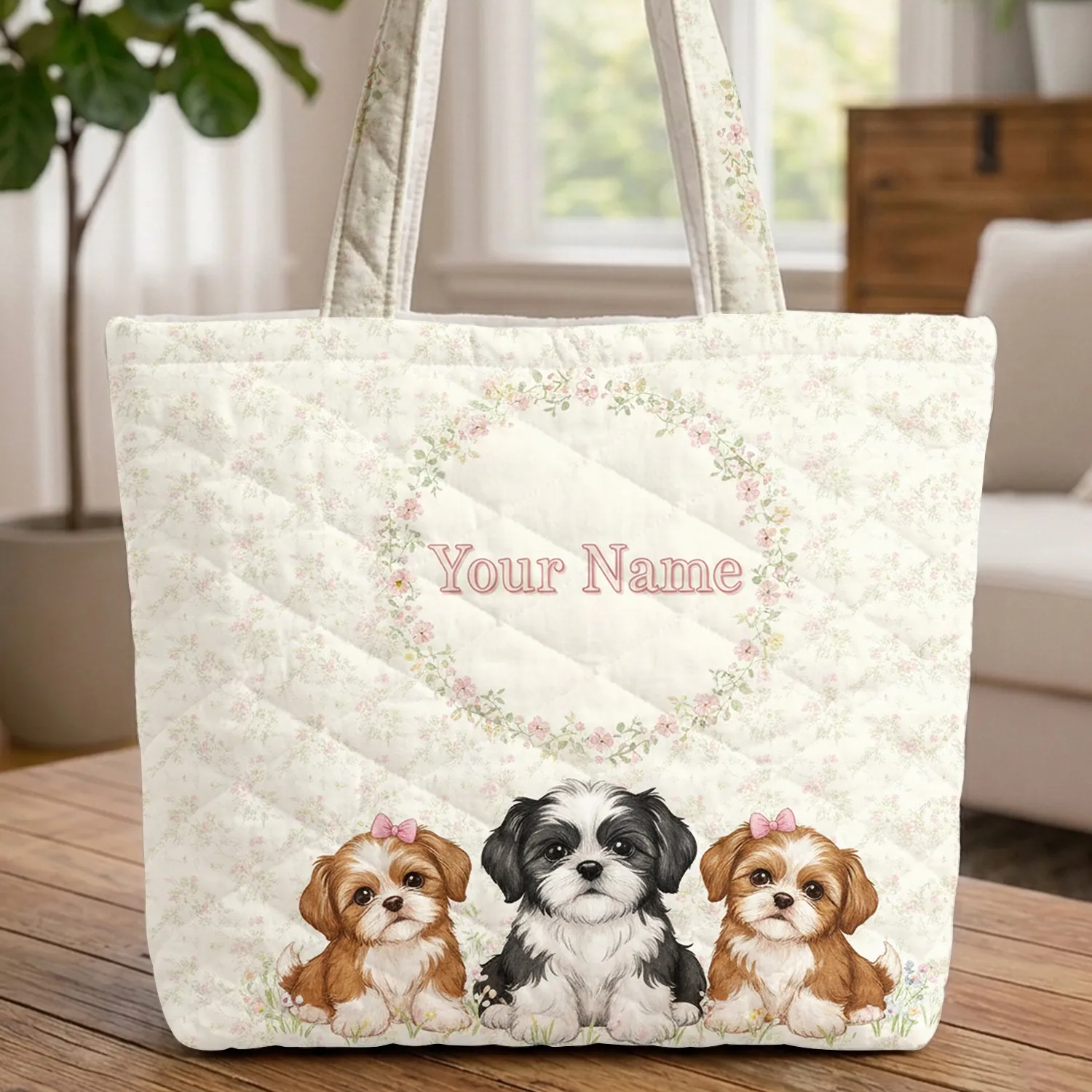 Shih Tzu Puppies Pastel Floral Sprigs Wreath Your Name - Everyday Tote Dog Lover Gift Quilted Tote Bag - 1