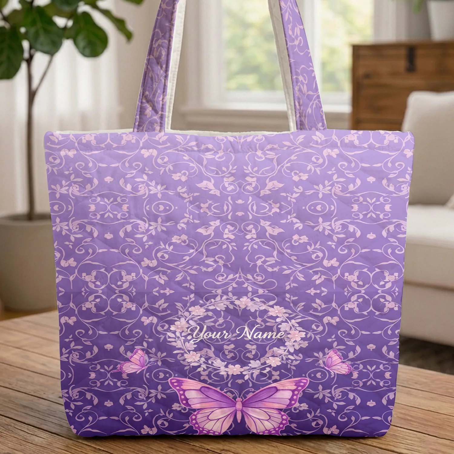 Personalized Name Butterfly Floral Vine Swirls - Nature Lover Gift Everyday Tote Quilted Tote Bag - 1