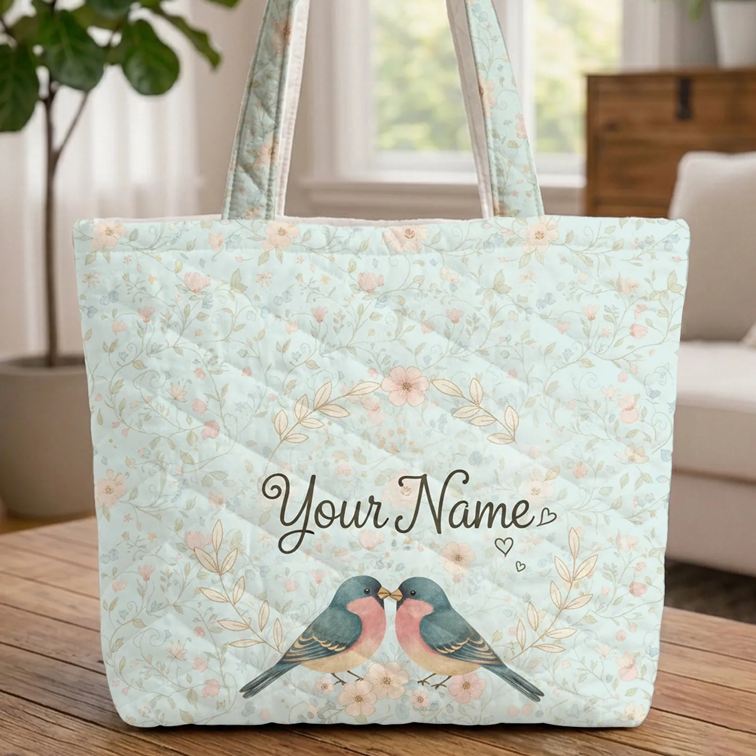 Nuzzling Finches Floral Wreath Personalized Name Swirling Vines Blossoms - Keepsake Gift Quilted Tote Bag - 1