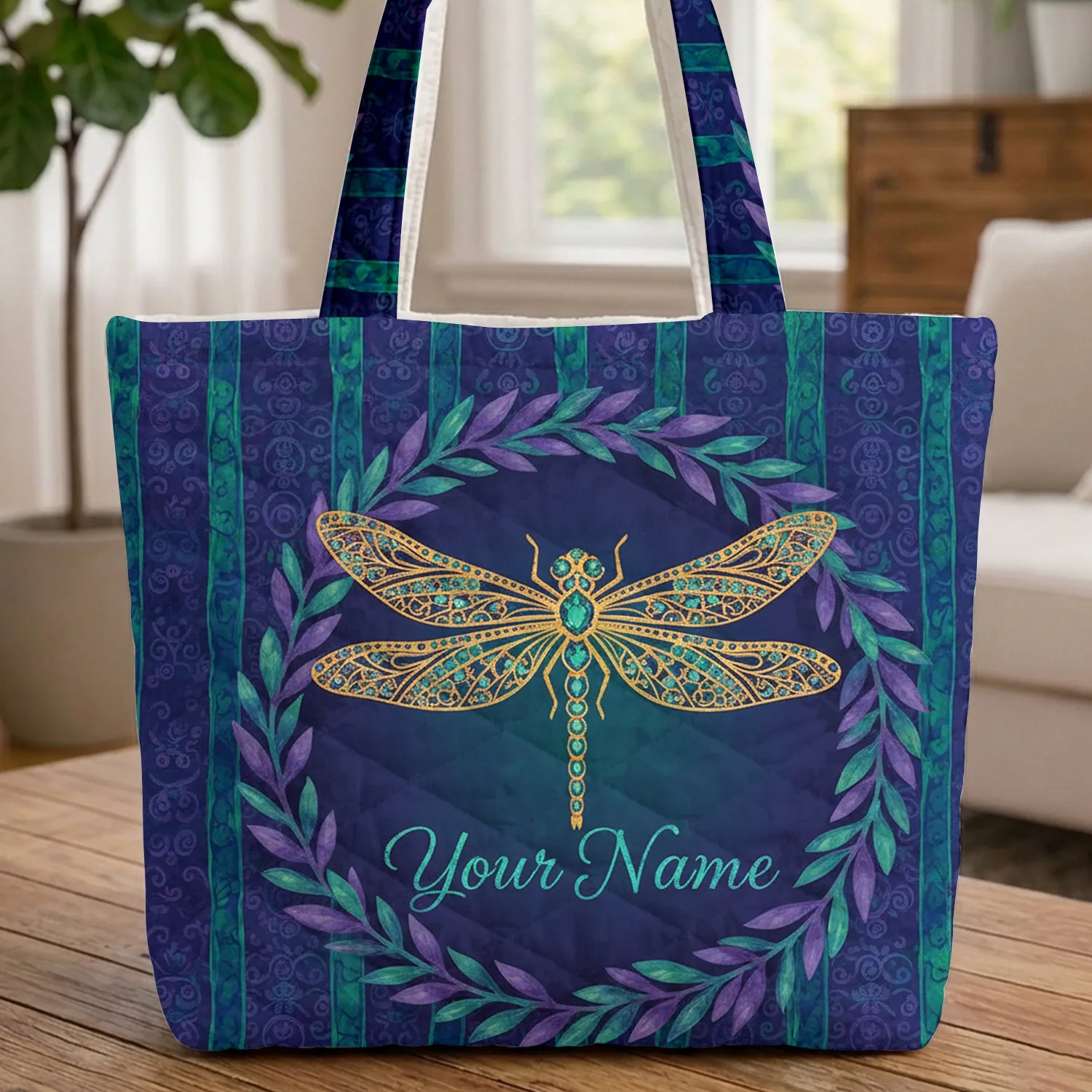 Golden Wing Jeweled Dragonfly Floral Wreath - Personalized Gift for Dragonfly Lover Quilted Tote Bag - 1