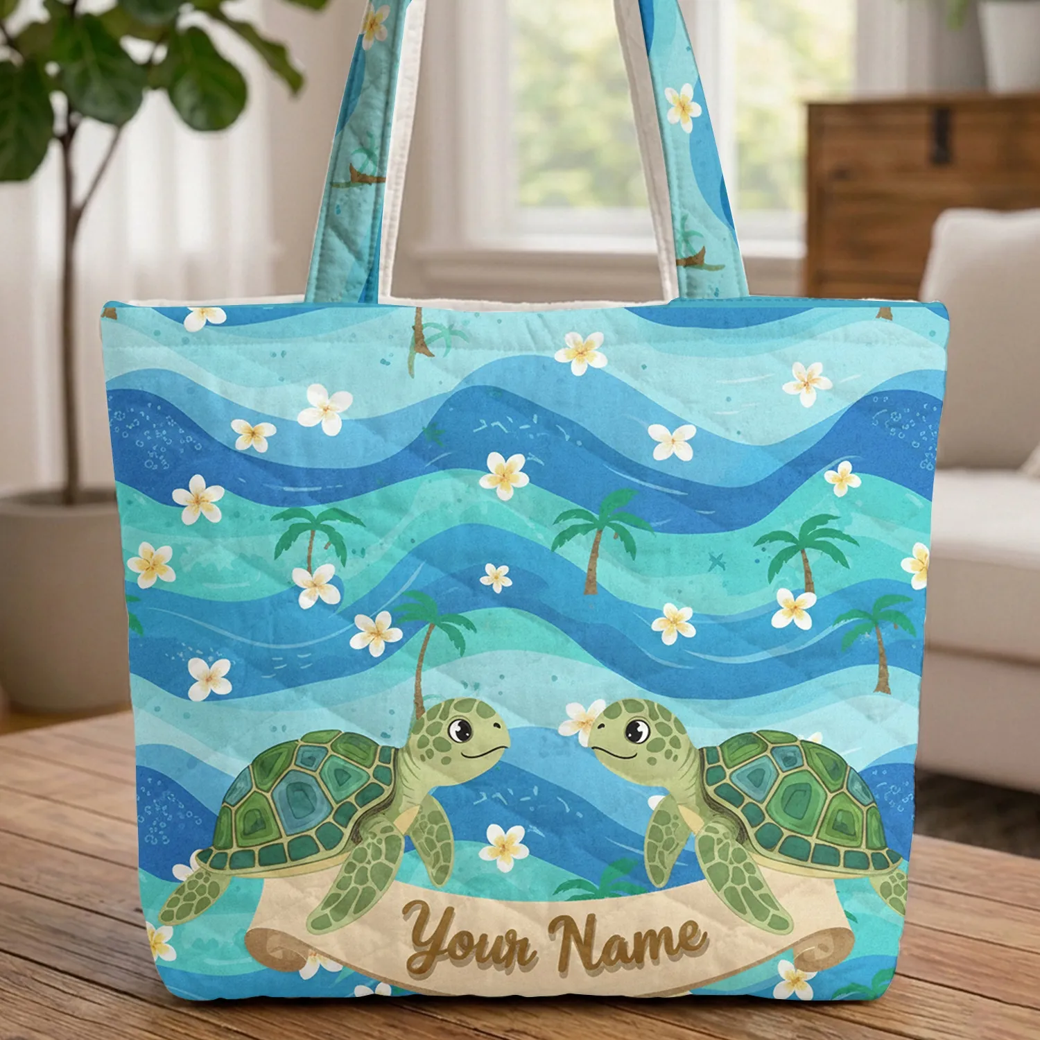 Sea Turtles Palm Tree Plumeria Sandy Beach Ocean Waves - Everyday Tote Ocean Lover Gift Quilted Tote Bag - 1