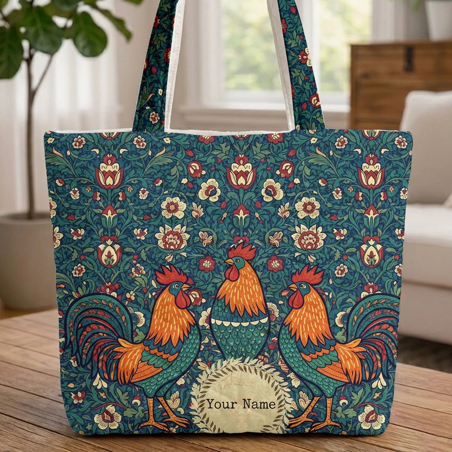 Rooster Botanical Folk Flower - Farmhouse Decor Personalized Name Gift Quilted Tote Bag - 1