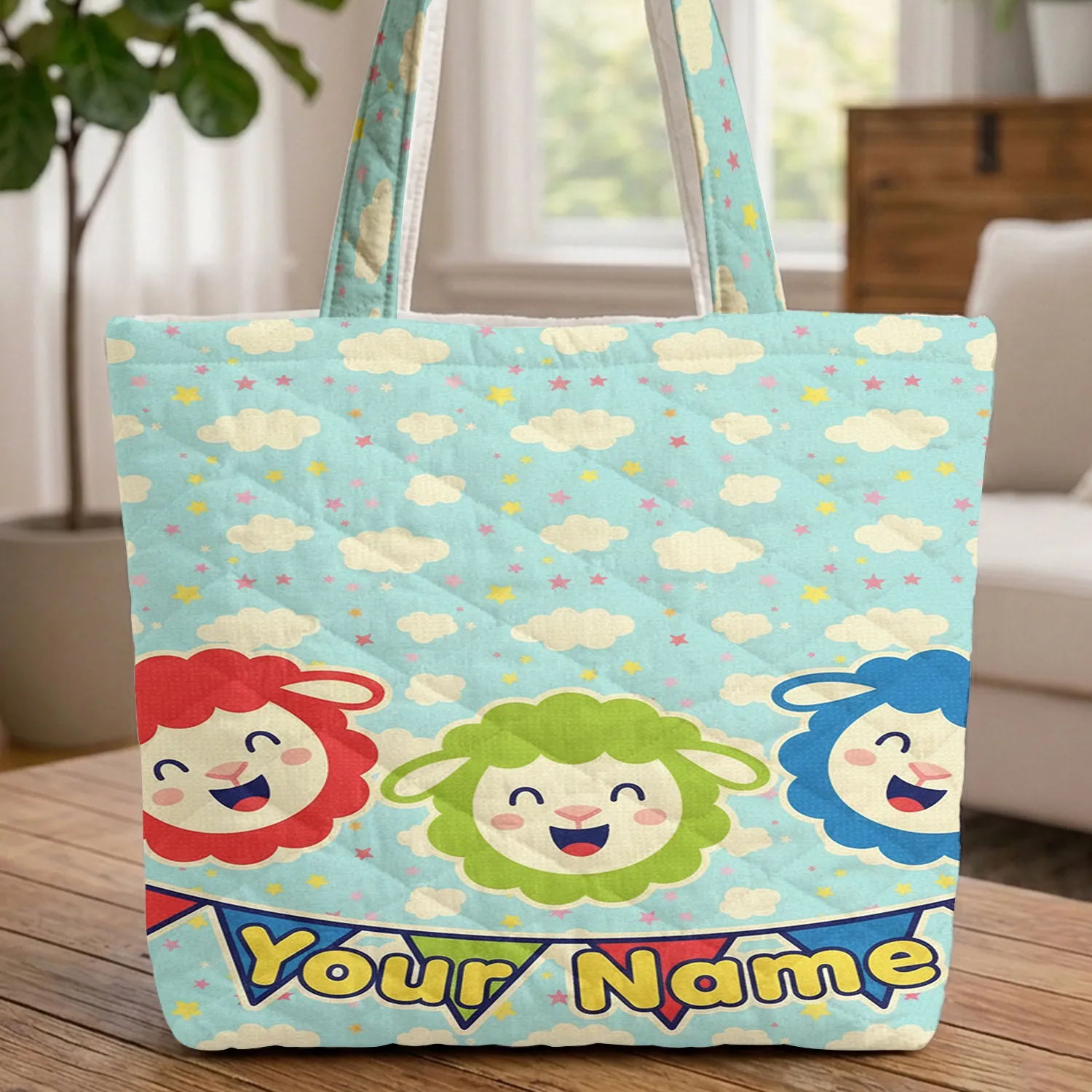 Three Cartoon Sheep Heads Clouds Stars Name Bunting - Everyday Tote for Kids Quilted Tote Bag - 1