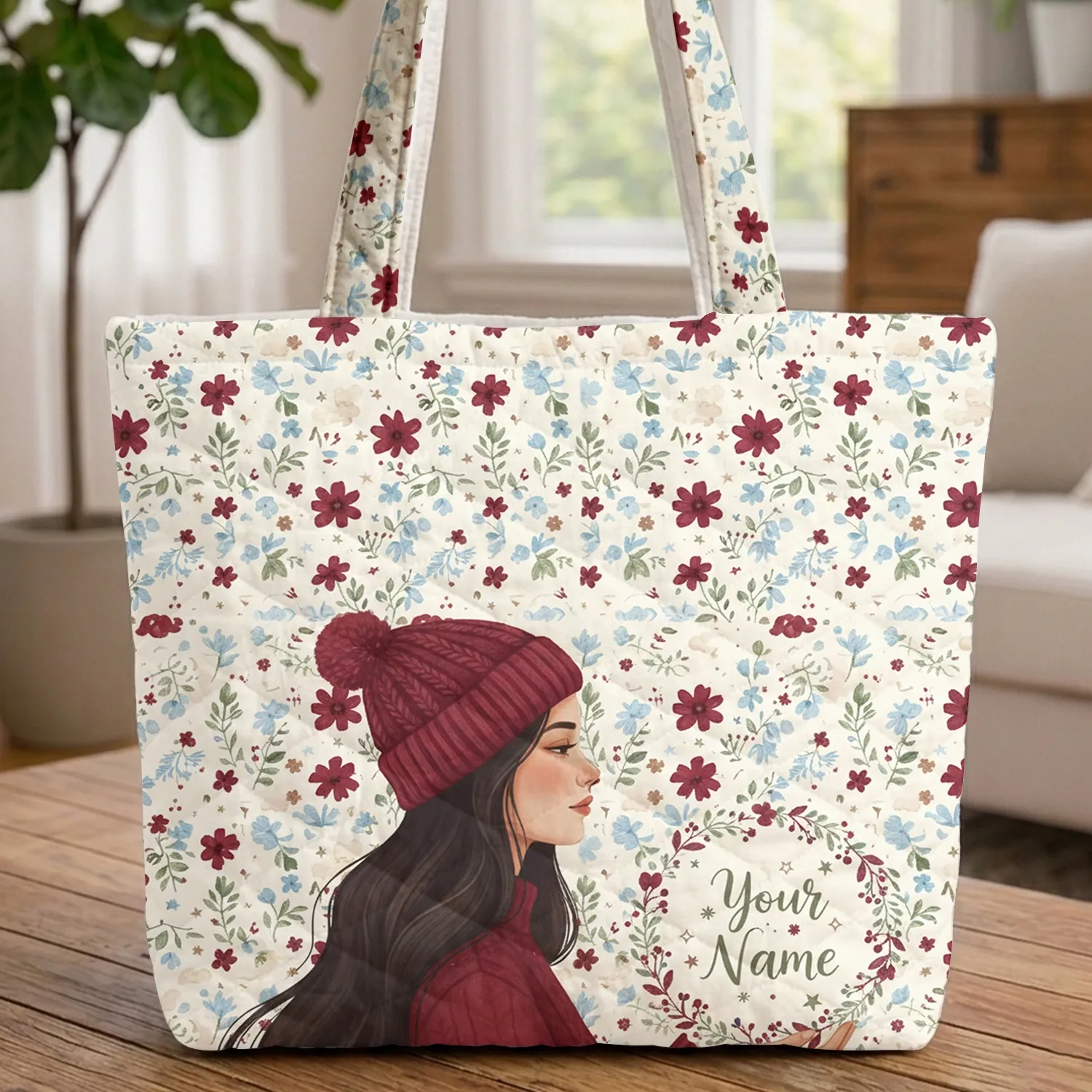Young Woman Red Hat Floral Wreath Wildflowers - Wildflower Lover Gift for Her Quilted Tote Bag - 1