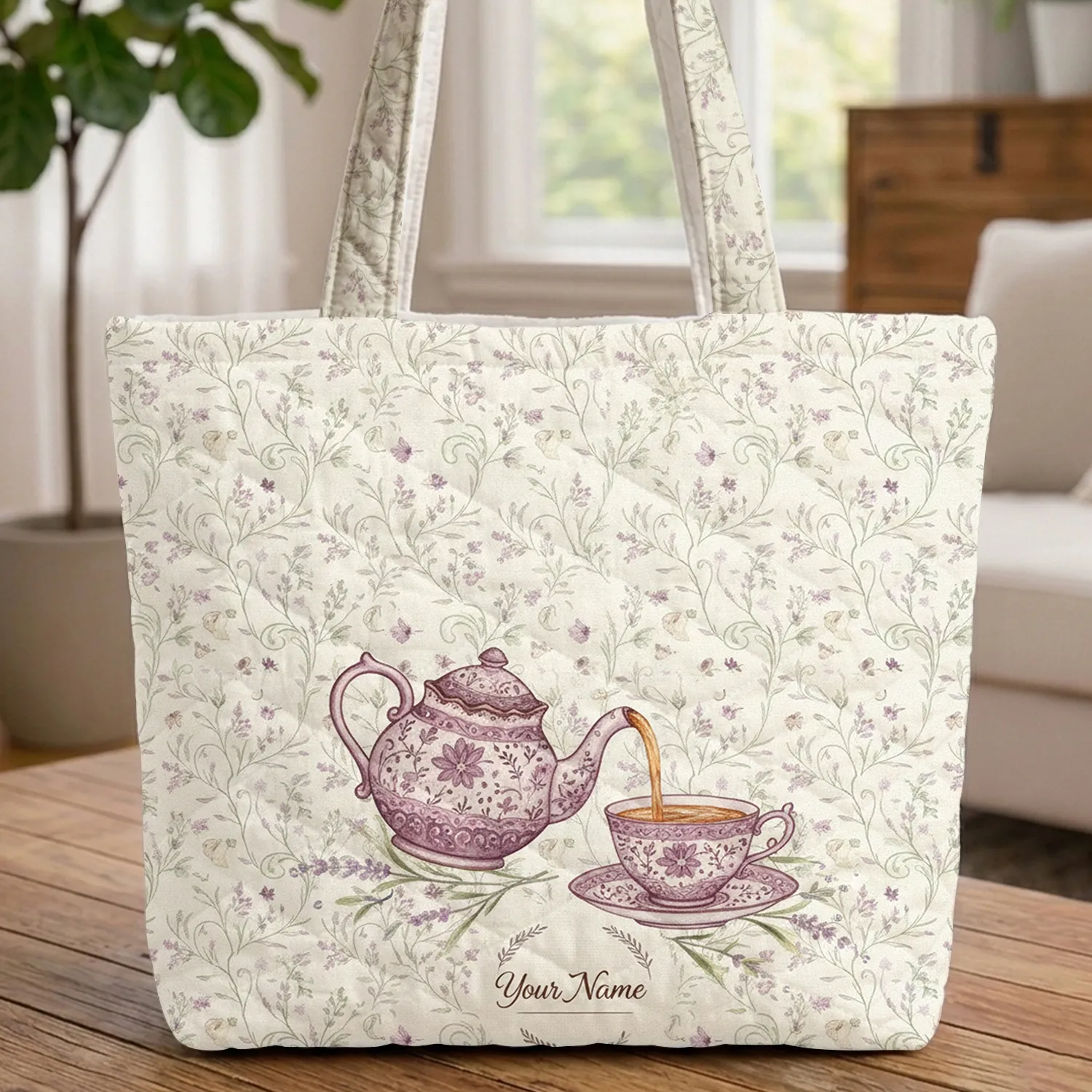 Vintage Ornate Teapot Teacup Lavender Butterfly Personalized Gift Quilted Tote Bag - 1