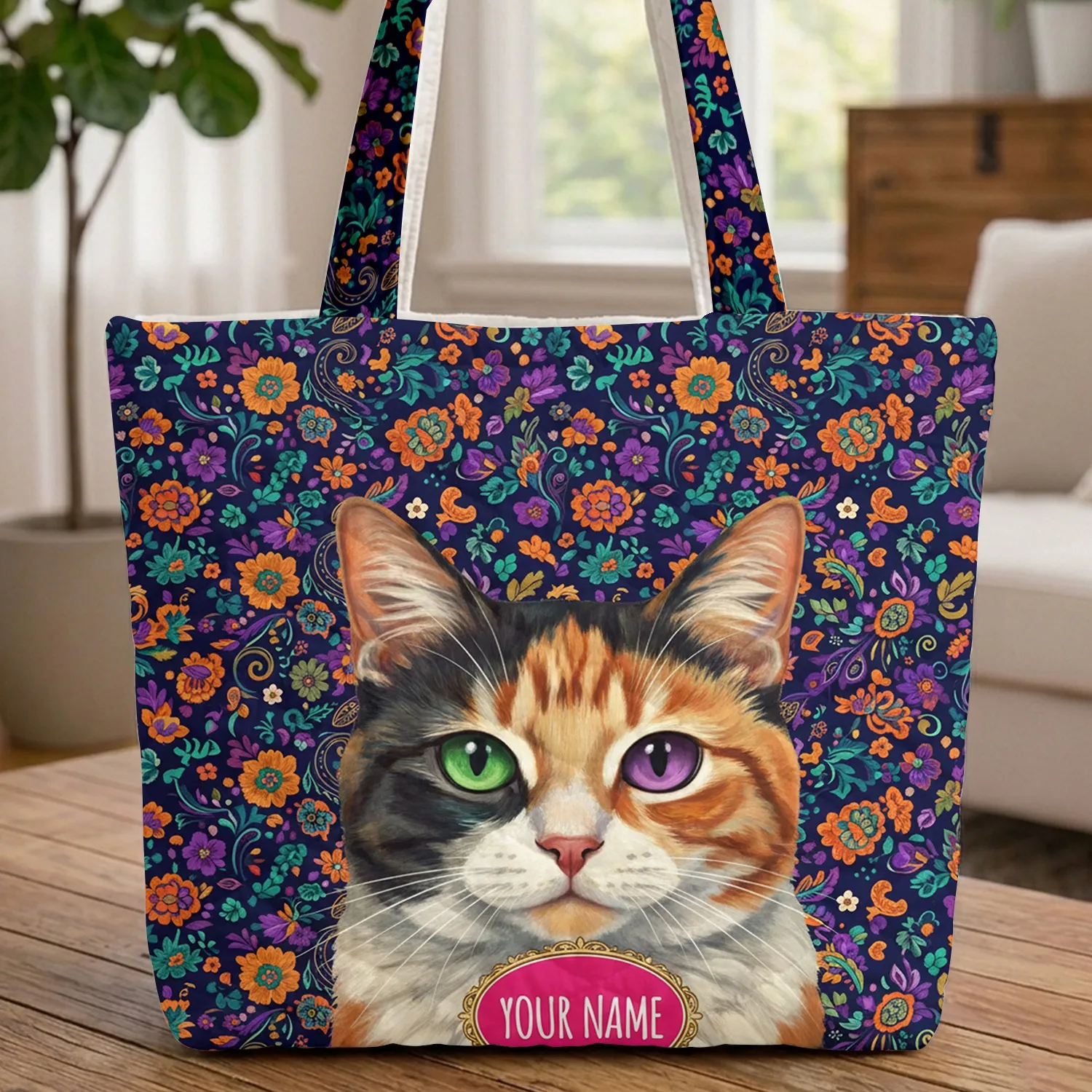 Calico Cat Small Blossoms Floral Swirls Paisley - Cat Lover Everyday Use Gift Quilted Tote Bag - 1