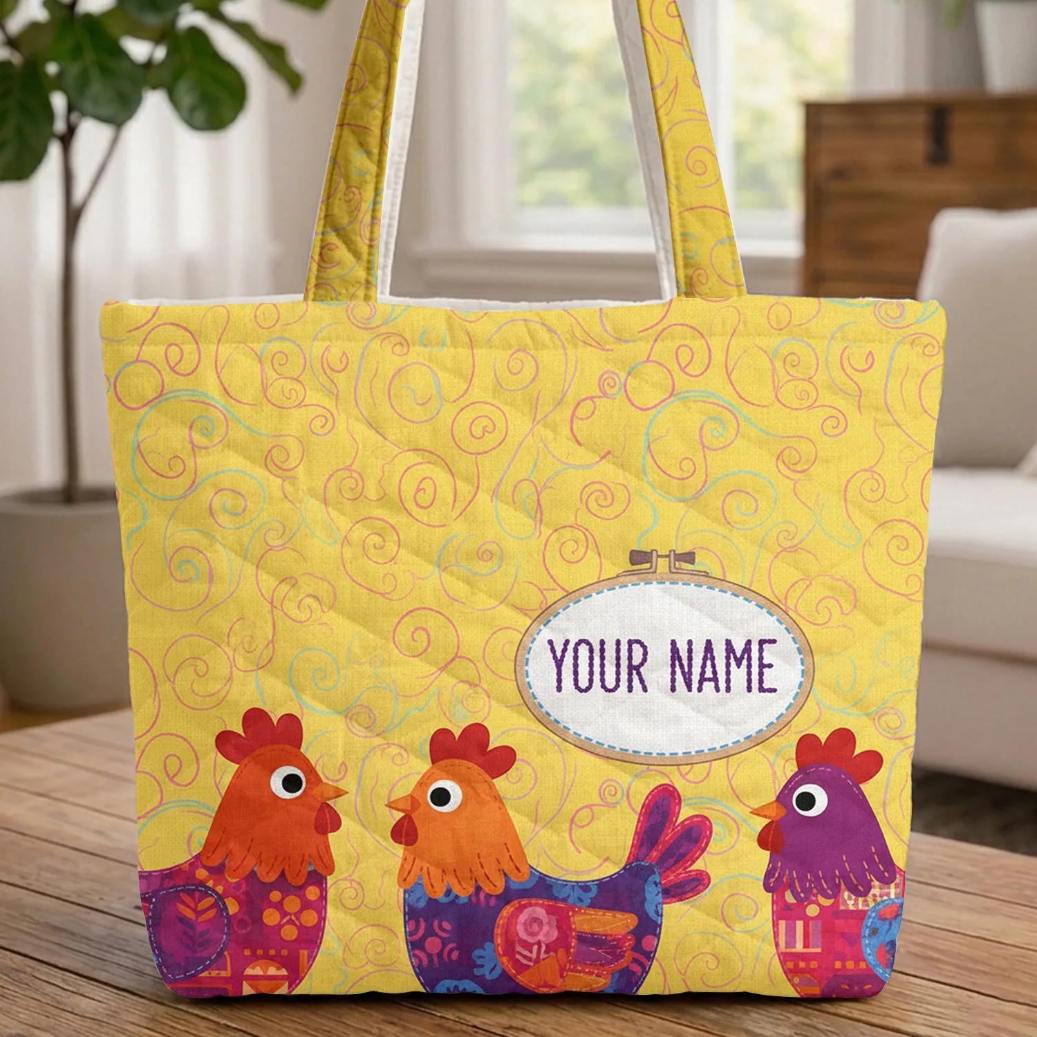Folk Art Patchwork Chickens Hoop Farmhouse Decor Gift for Chicken Lover Quilted Tote Bag - 1