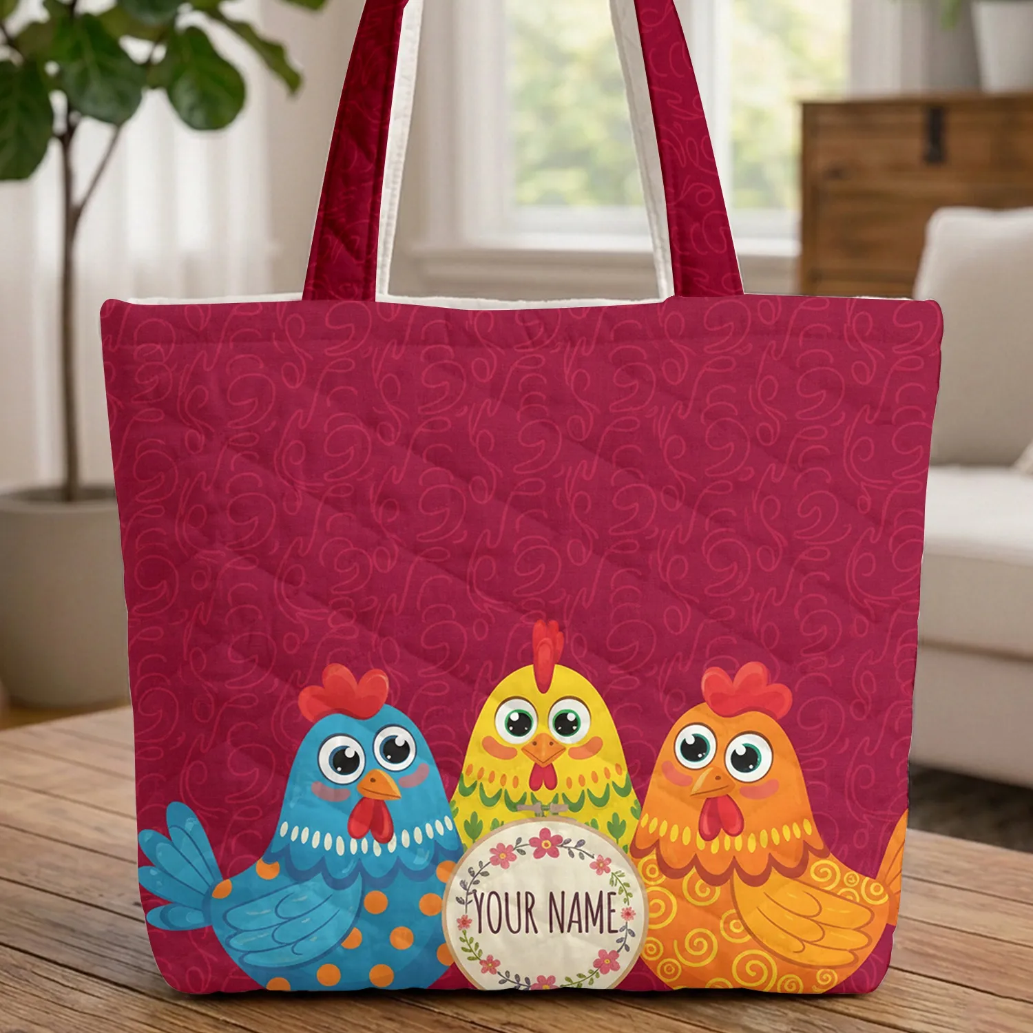 Three Big Eyed Chickens Floral Hoop 'Your Name' - Country Farmhouse Decor Gift Quilted Tote Bag - 1