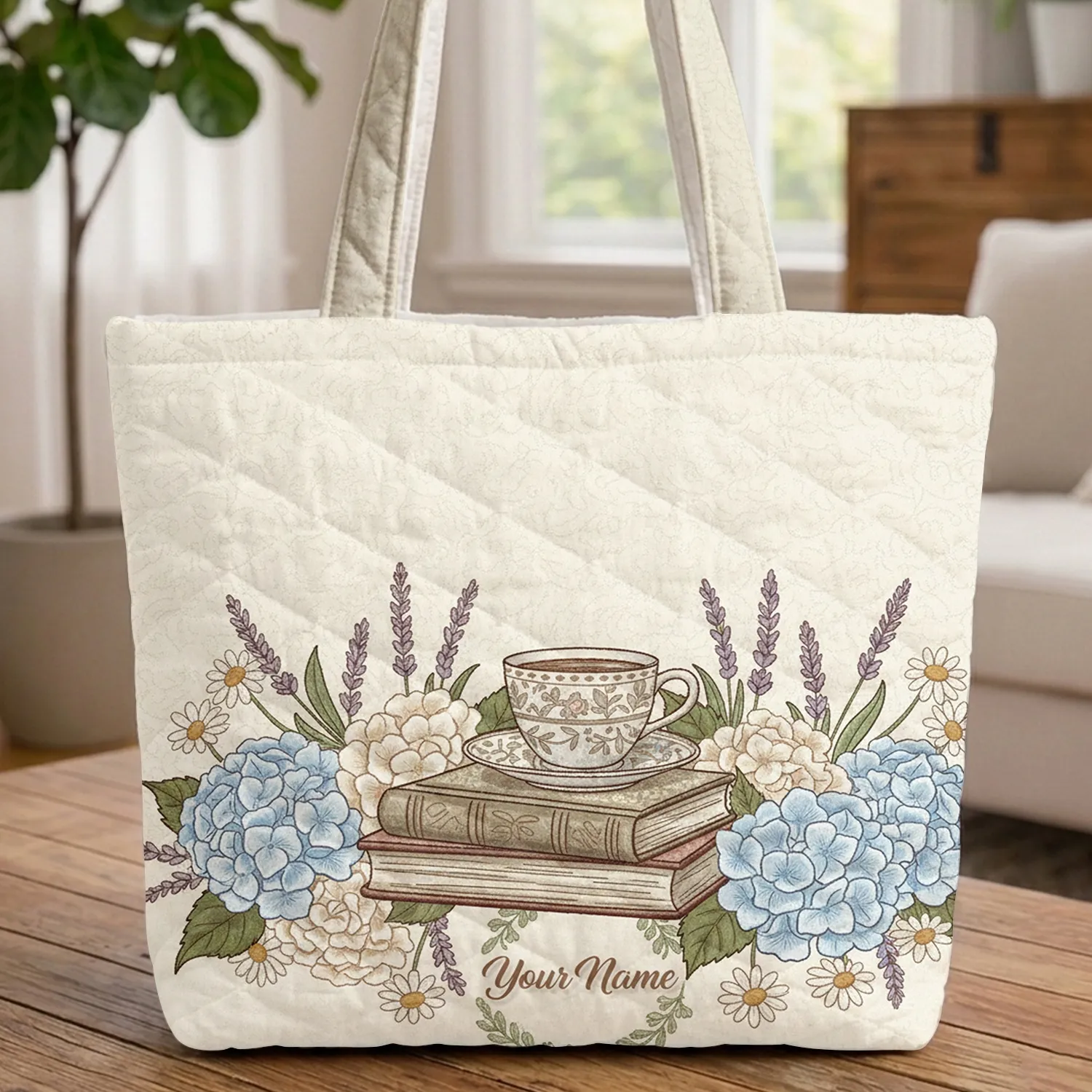 Personalized Name Floral Wreath Hydrangeas Vintage Books - Book Lover Gift Quilted Tote Bag - 1