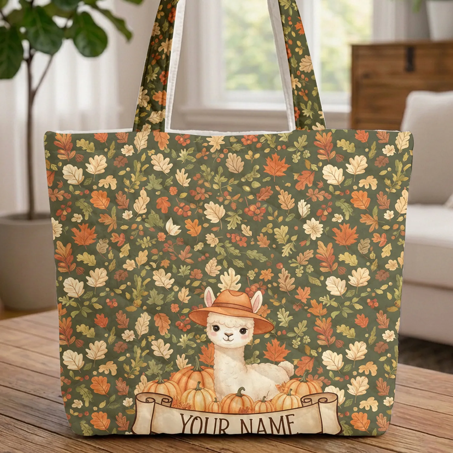 Baby Alpaca Autumn Pumpkins Your Name Scroll - Fall Season Alpaca Lover Gift Quilted Tote Bag - 1