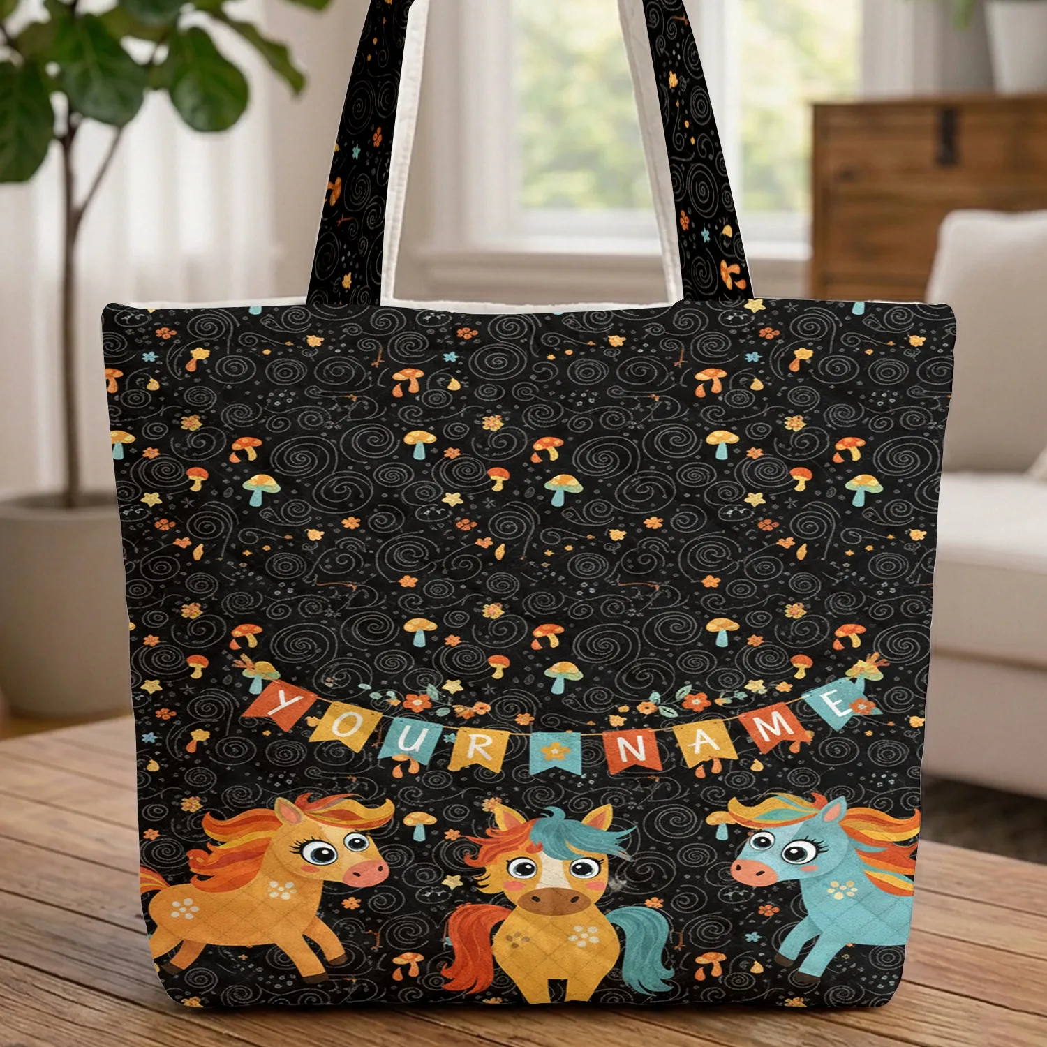 Horses Personalized Name Bunting Flowers Mushroom - Everyday Tote Quilted Tote Bag - 1