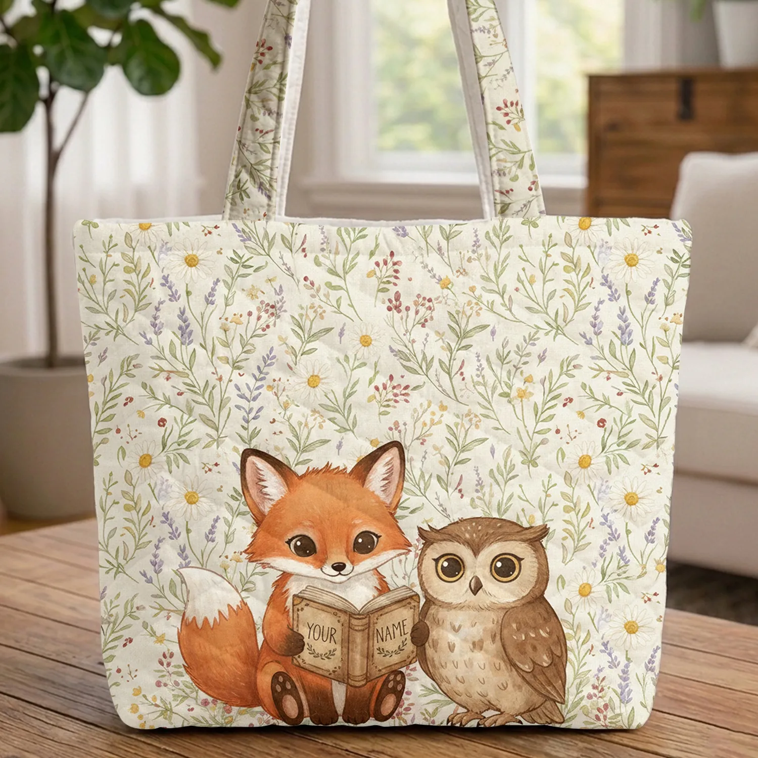 Fox Owl Wild Daisy Lavender Berry Name Book Wildlife Lover Gift Quilted Tote Bag - 1