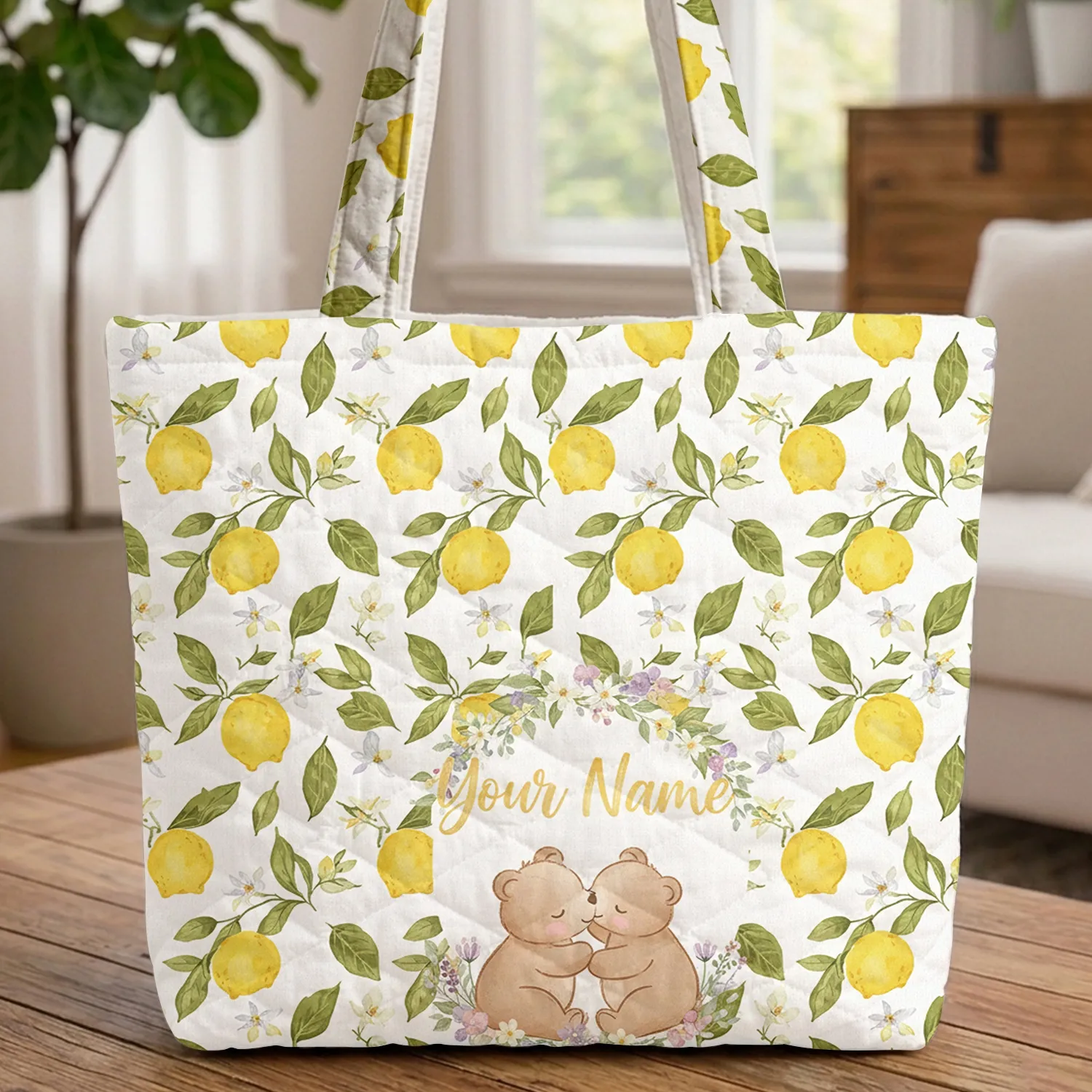 Nuzzling Bears Lemon Wreath Personalized Name - Sweetheart Gift Quilted Tote Bag - 1