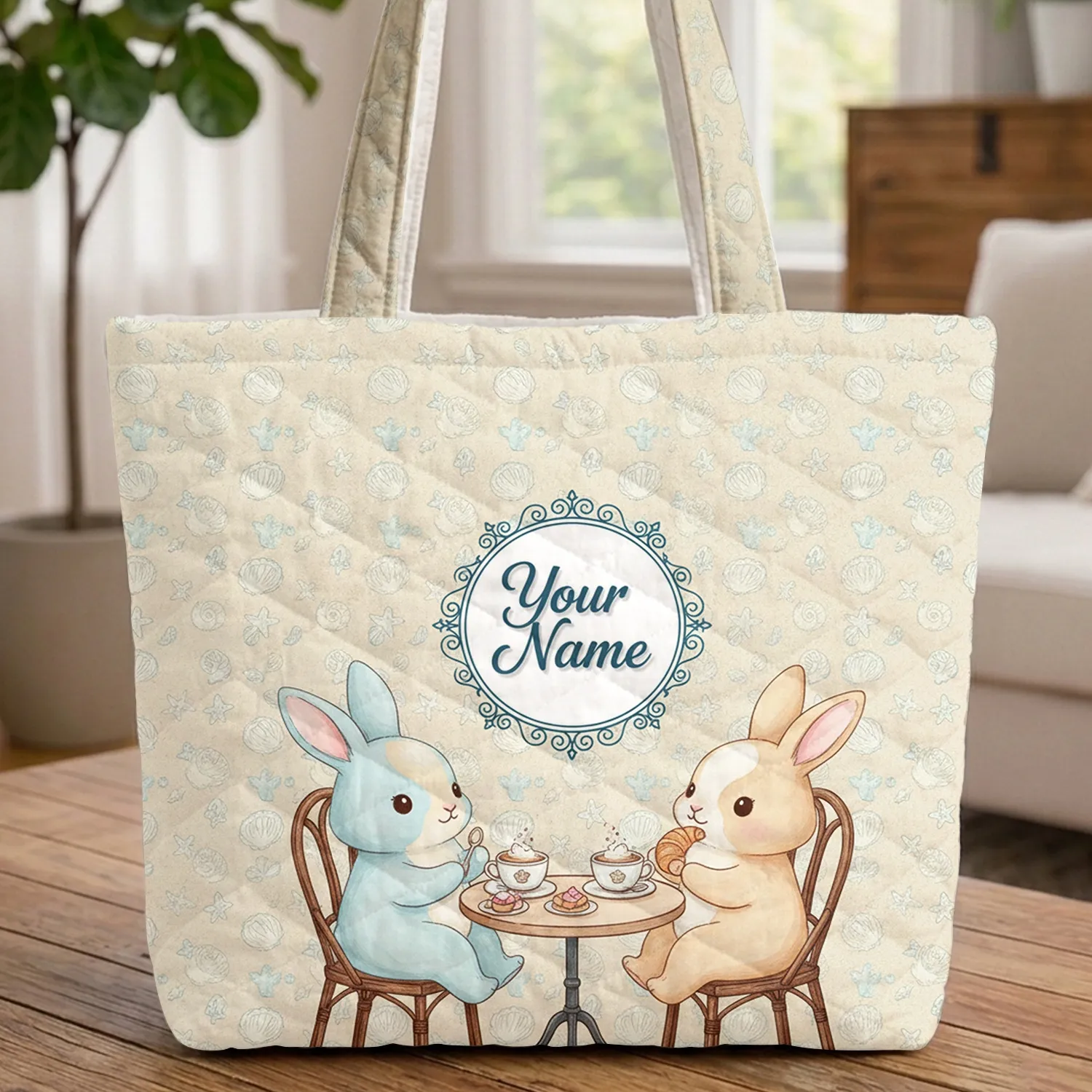 Bunnies Cafe Table Seashells Starfish Your Name - Beach Bunny Lover Gift Quilted Tote Bag - 1