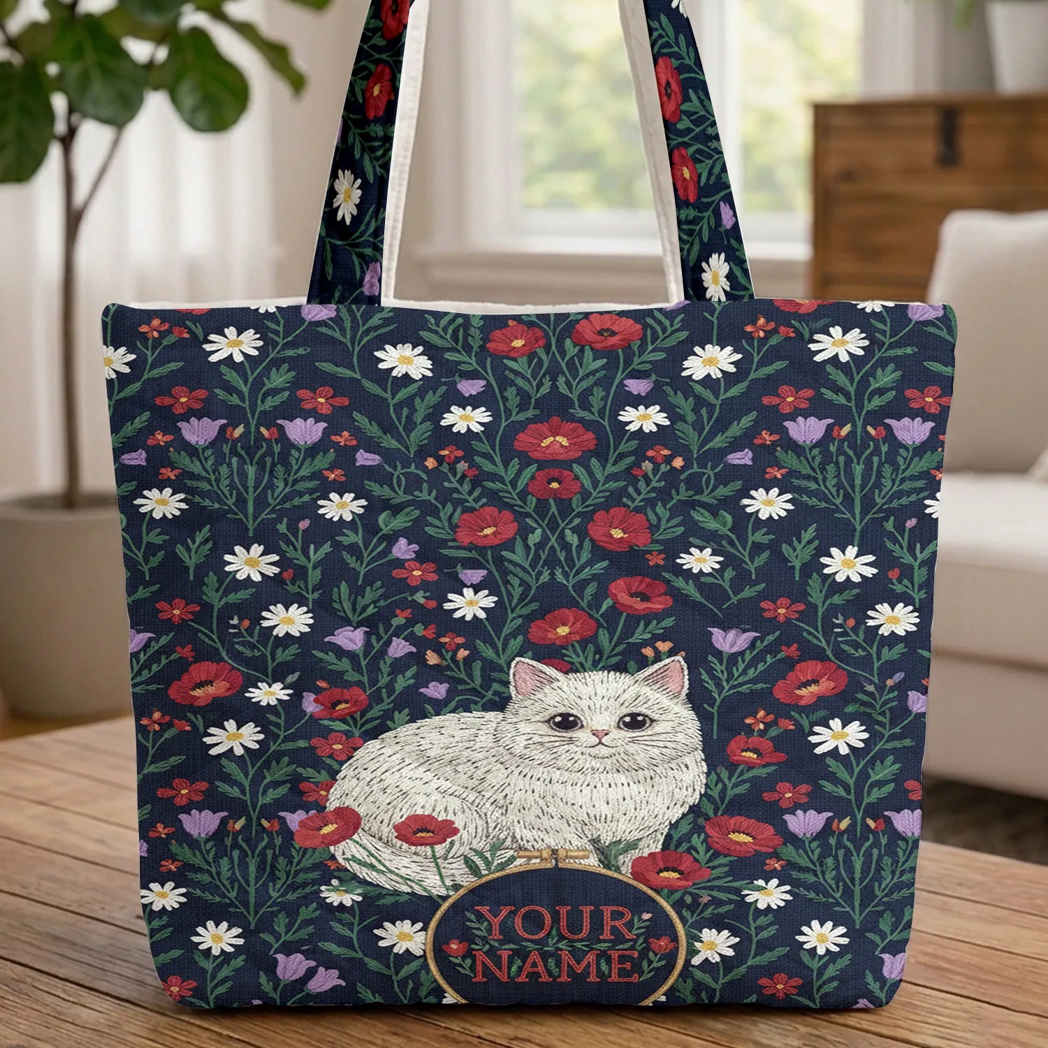 White Fluffy Cat Wildflowers Personalized - Cat Lover Gift Quilted Tote Bag - 1